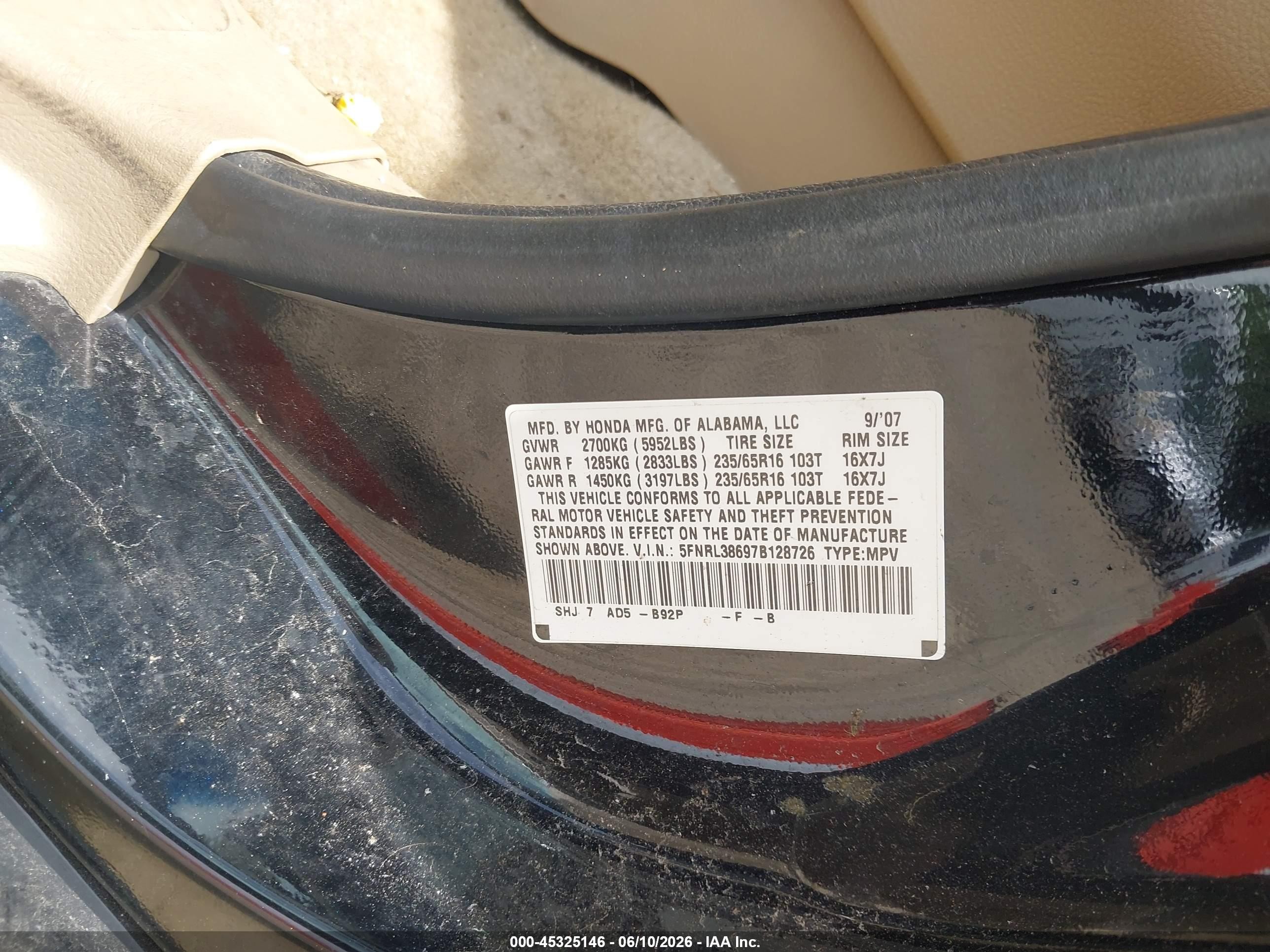 2007 Honda Odyssey Ex-l Черный vin: 5FNRL38697B128726