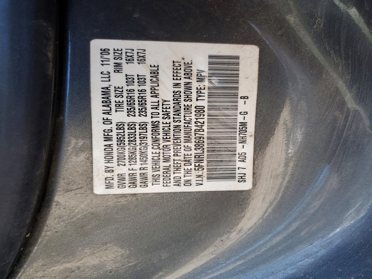 2007 Honda Odyssey Exl Gray vin: 5FNRL38697B421980