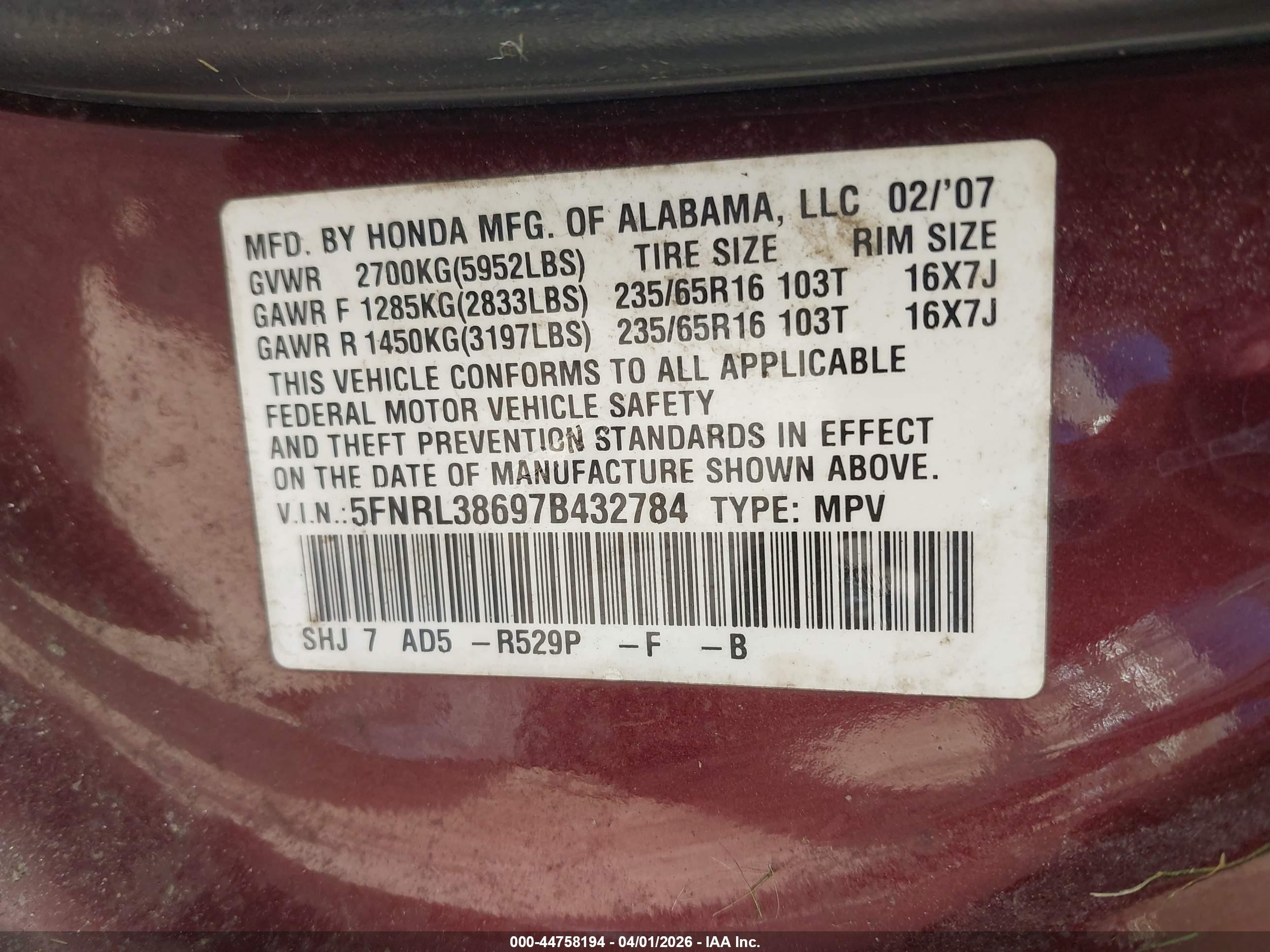 2007 Honda Odyssey Ex-l Red vin: 5FNRL38697B432784