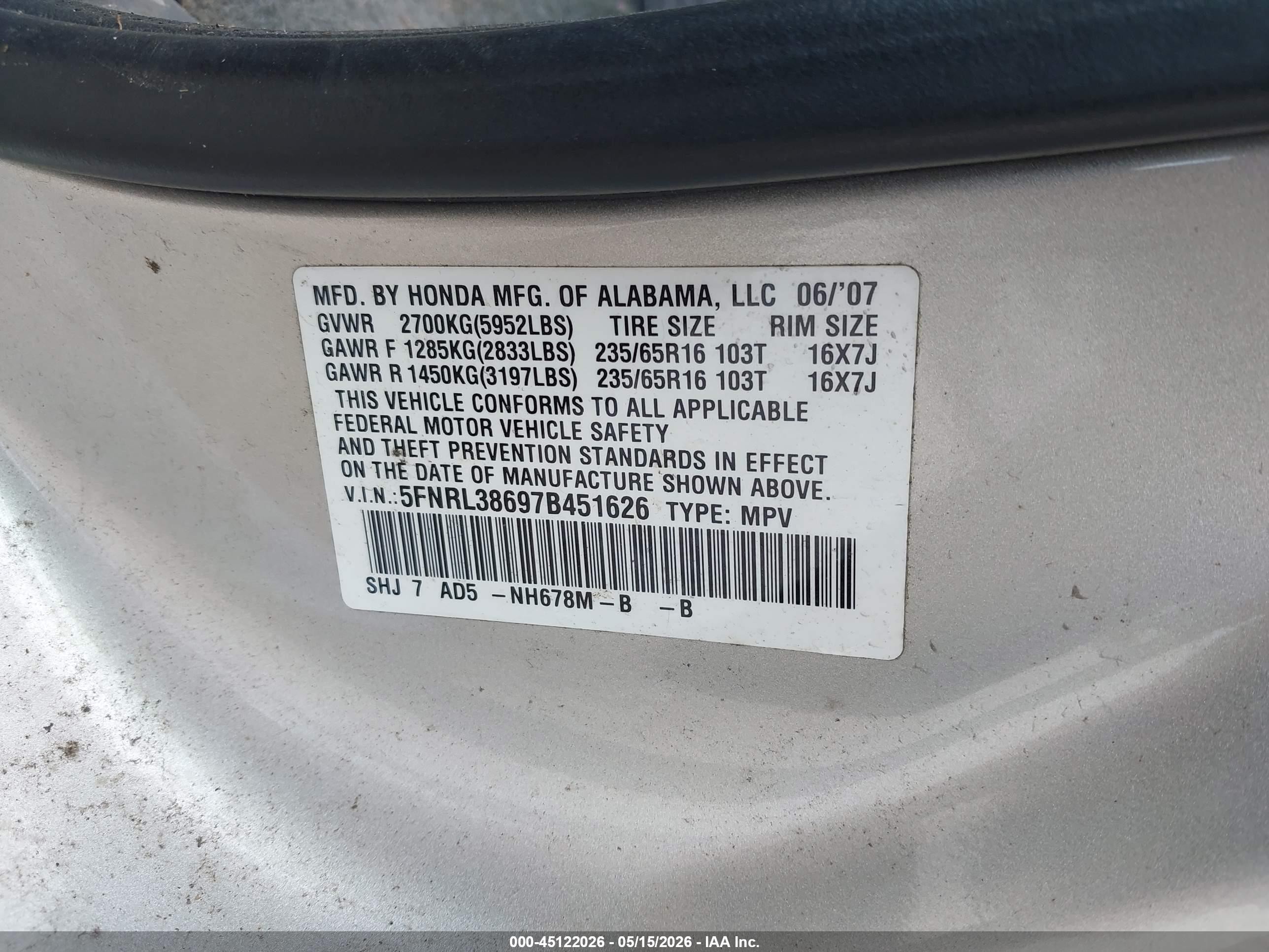 2007 Honda Odyssey Ex-l Silver vin: 5FNRL38697B451626