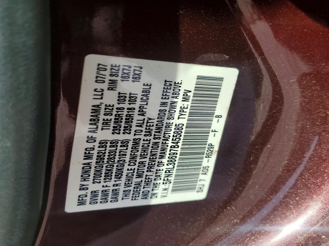 2007 Honda Odyssey Maroon vin: 5FNRL38697B455885
