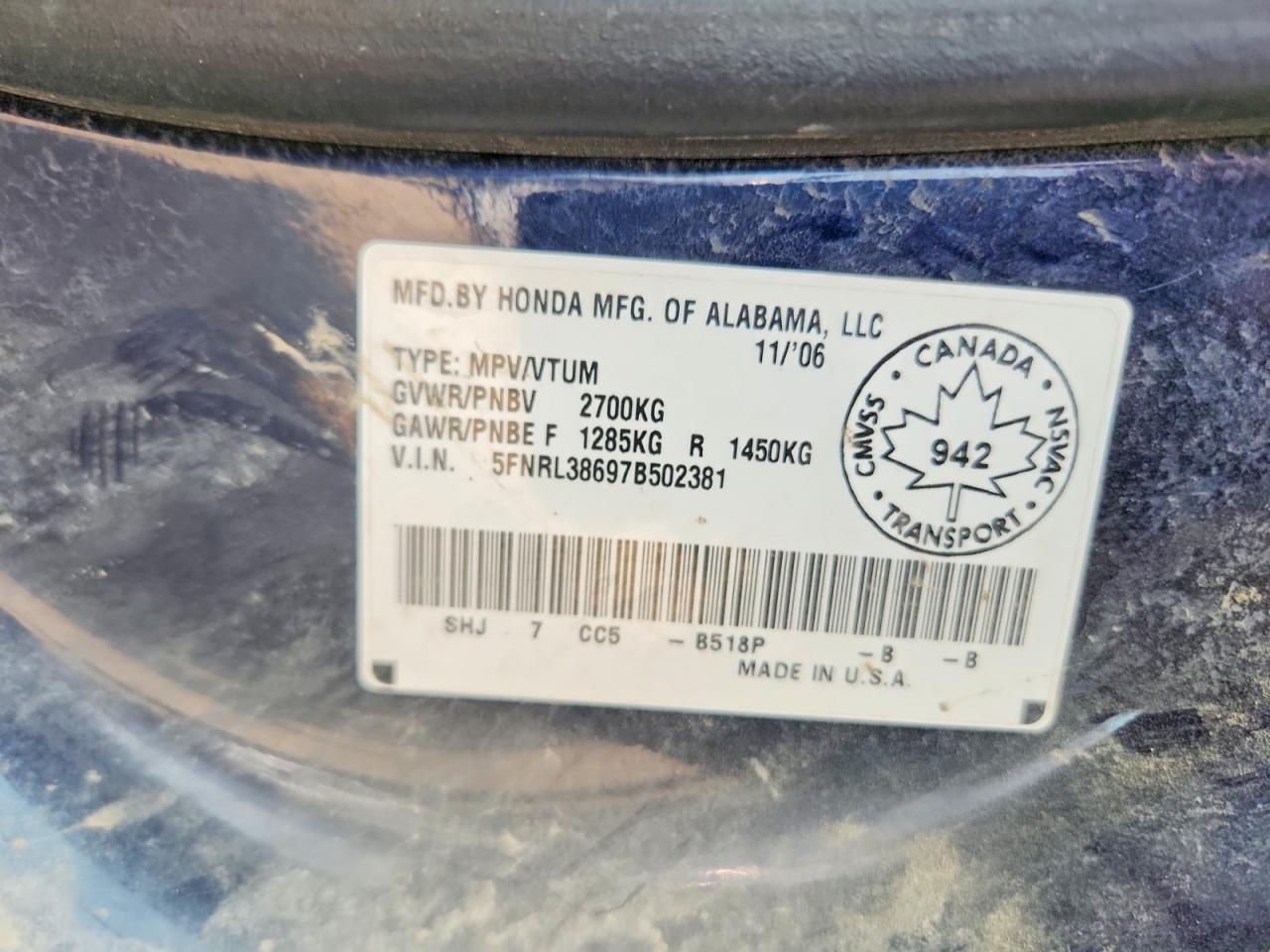 2007 Honda Odyssey Exl Blue vin: 5FNRL38697B502381