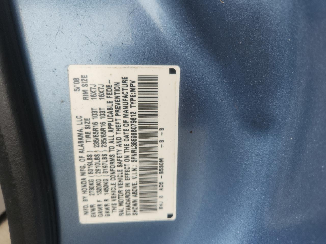 2008 Honda Odyssey Exl Blue vin: 5FNRL38698B079612