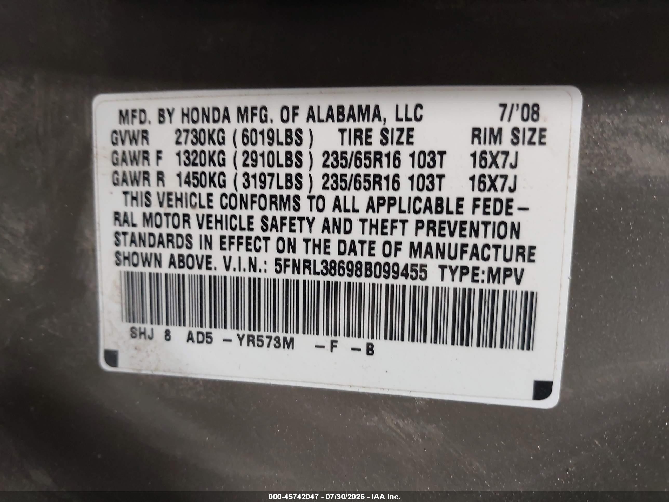 2008 Honda Odyssey Ex-l Brown vin: 5FNRL38698B099455