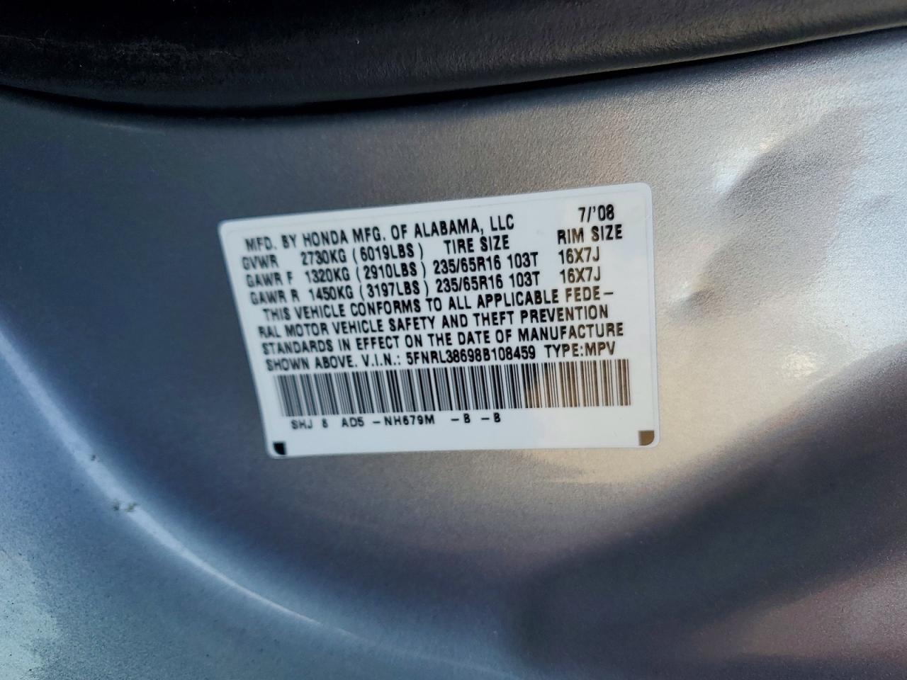 2008 Honda Odessey Silver vin: 5FNRL38698B108459