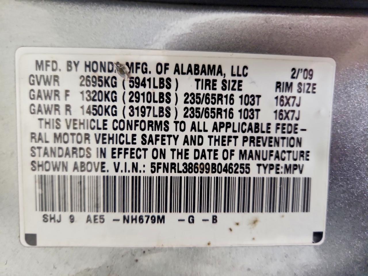 2009 Honda Odyssey Exl Gray vin: 5FNRL38699B046255