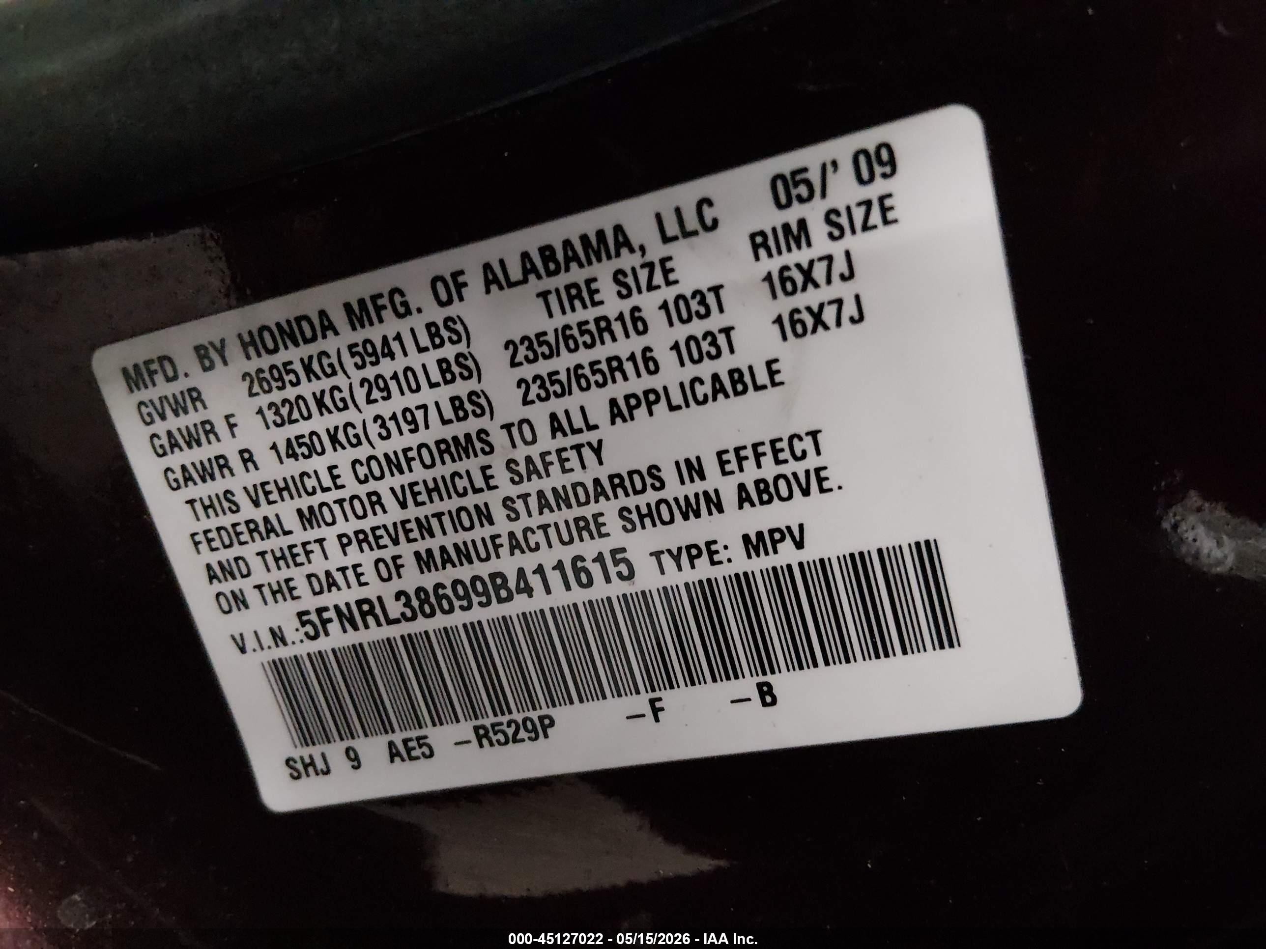 2009 Honda Odyssey Ex-l Maroon vin: 5FNRL38699B411615