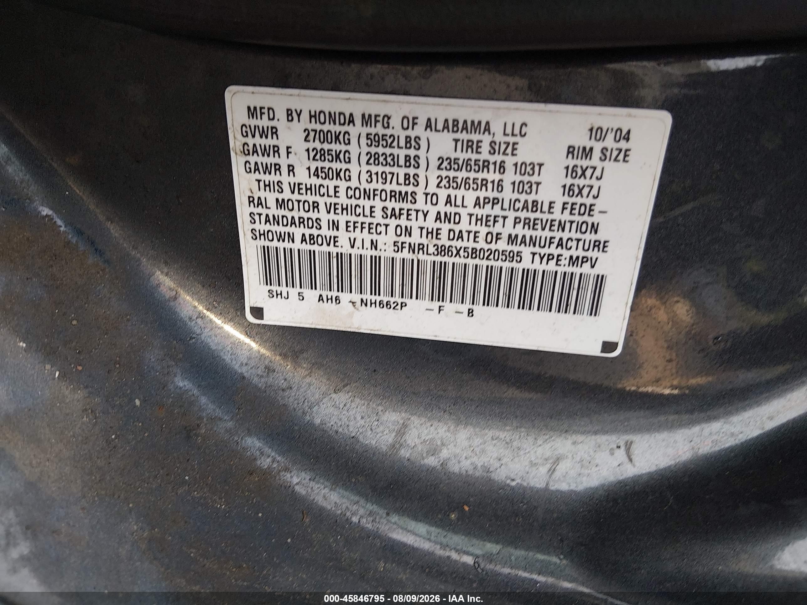 2005 Honda Odyssey Ex-l Gray vin: 5FNRL386X5B020595