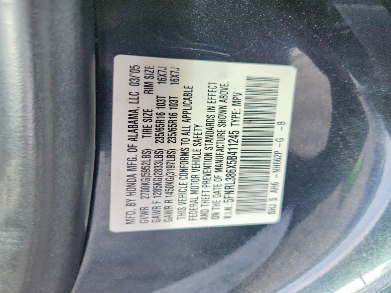 2005 Honda Odyssey Exl Blue vin: 5FNRL386X5B411245