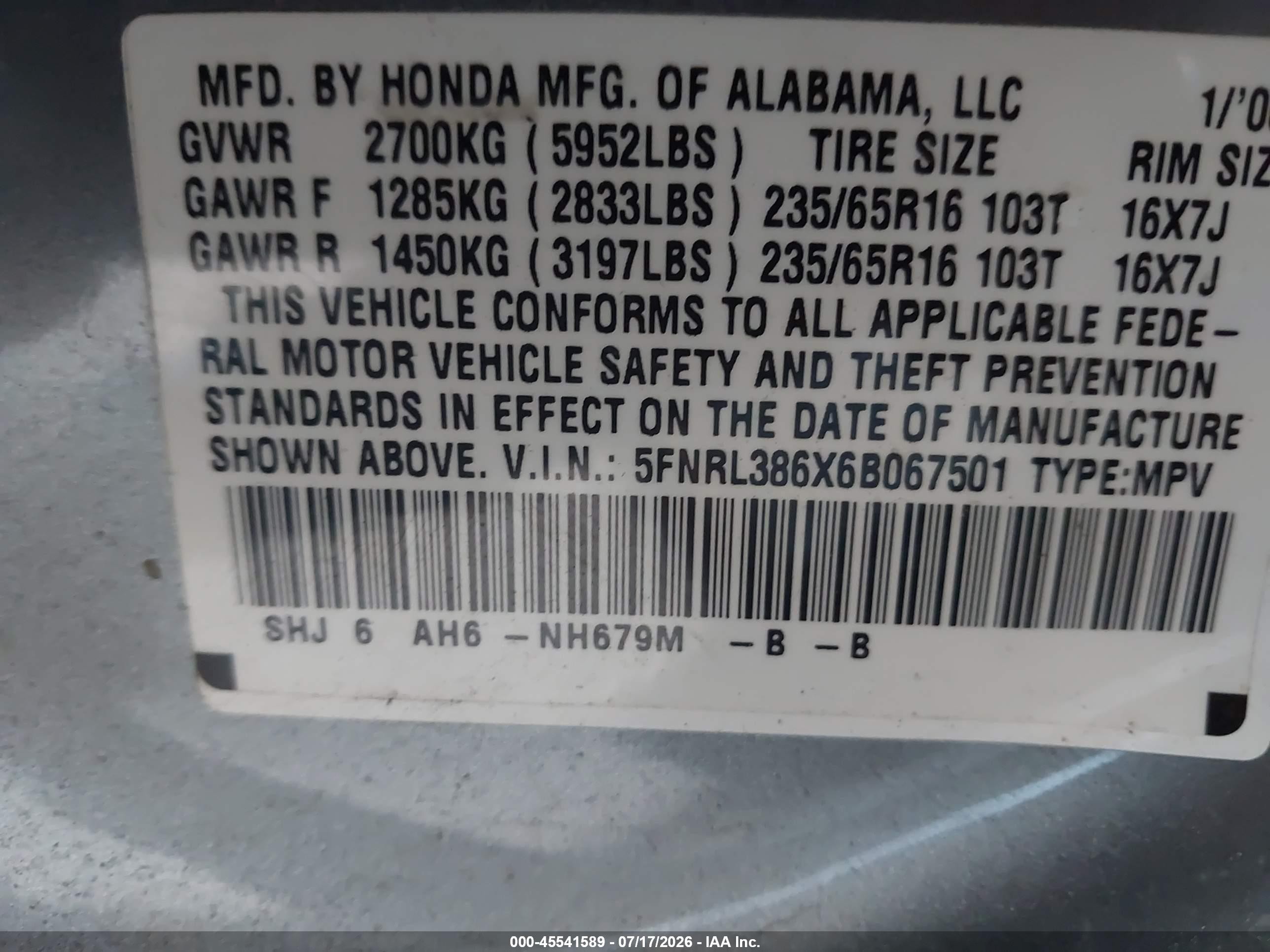 2006 Honda Odyssey Ex-l Серый vin: 5FNRL386X6B067501