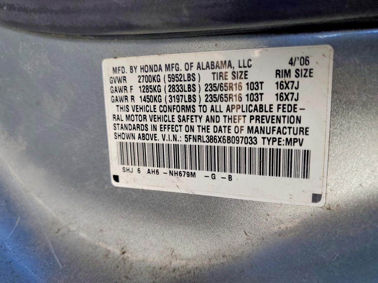 2006 Honda Odyssey Exl Blue vin: 5FNRL386X6B097033