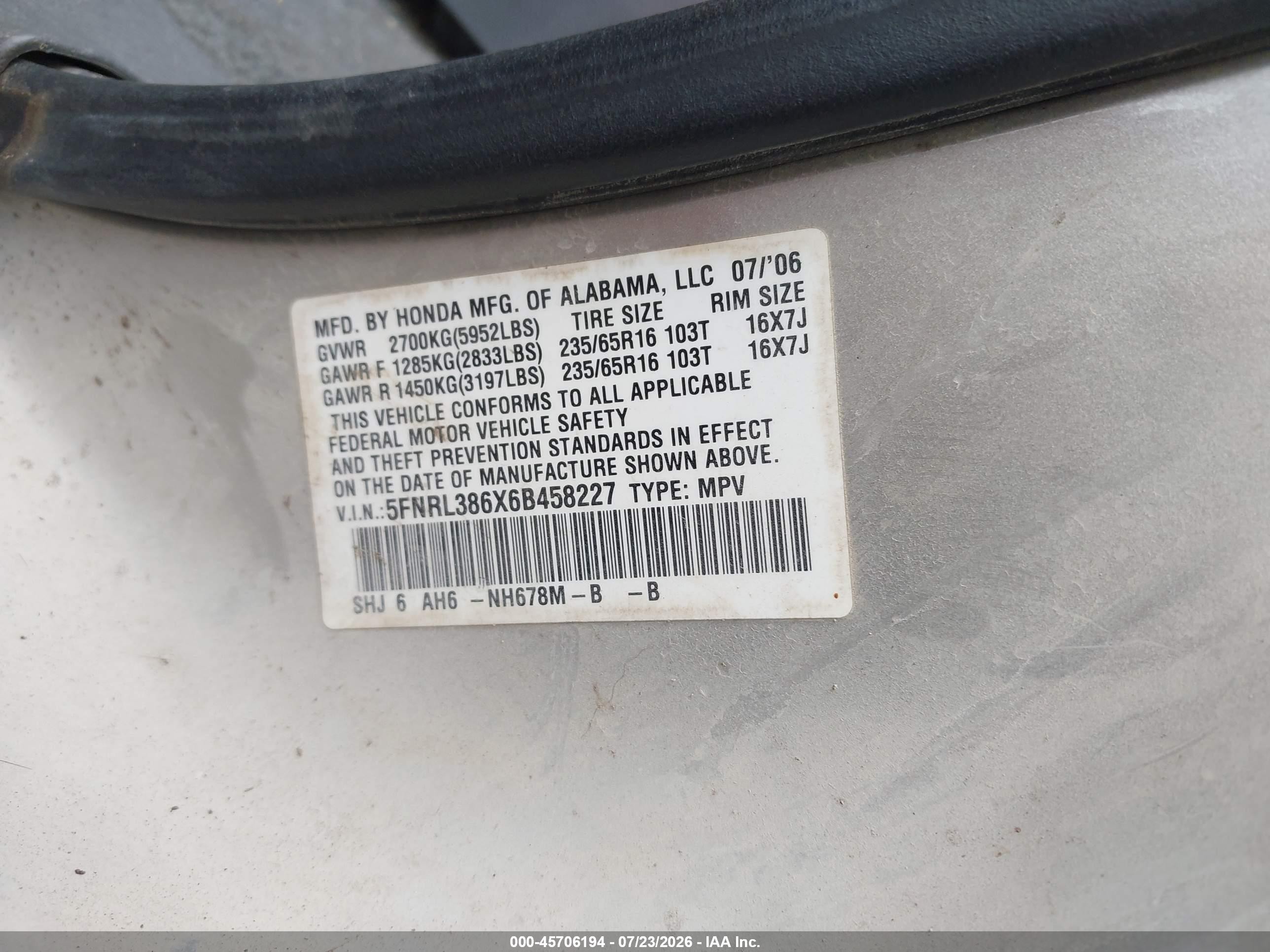 2006 Honda Odyssey Ex-l Beige vin: 5FNRL386X6B458227