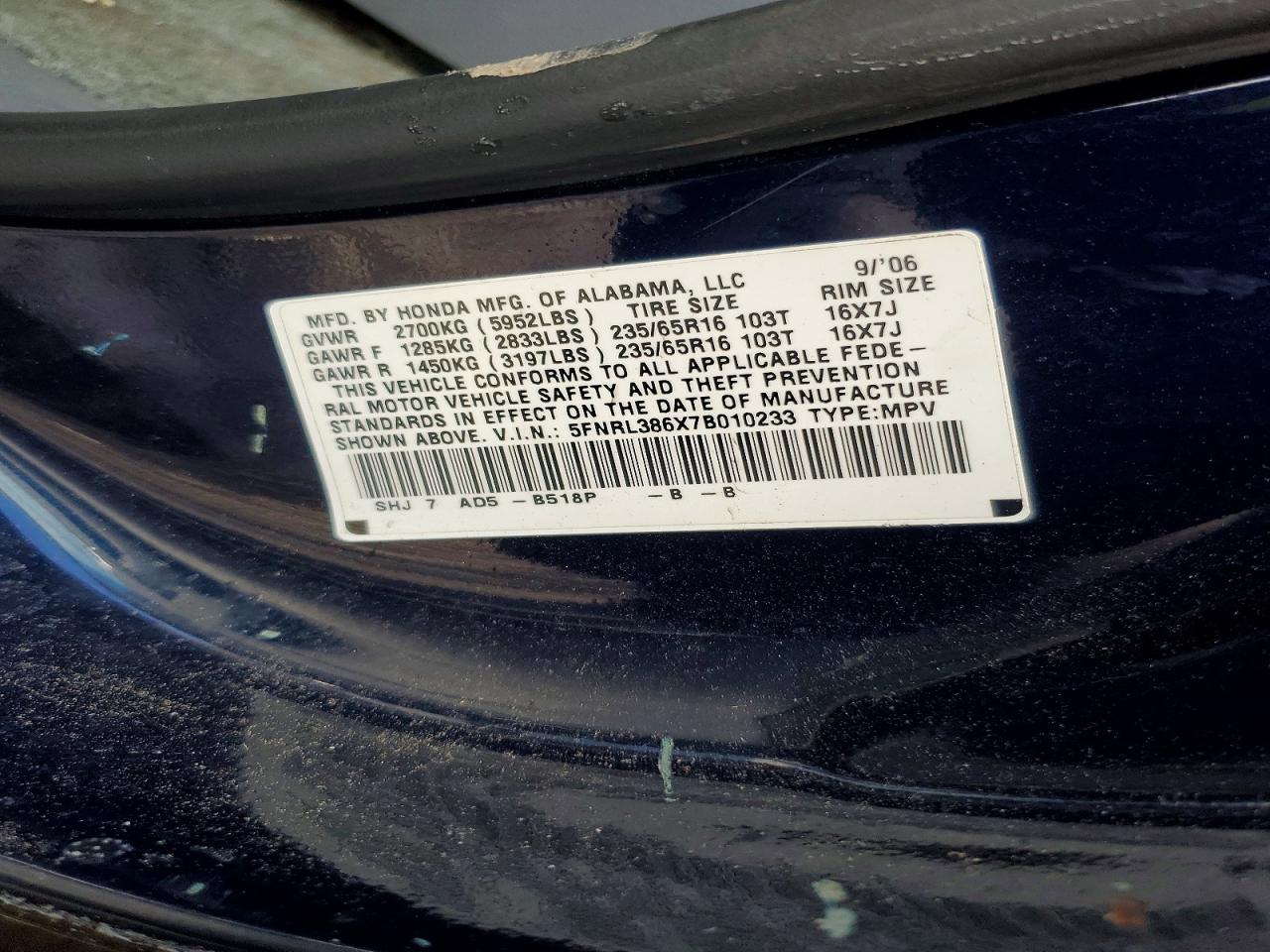 2007 Honda Odyssey Blue vin: 5FNRL386X7B010233