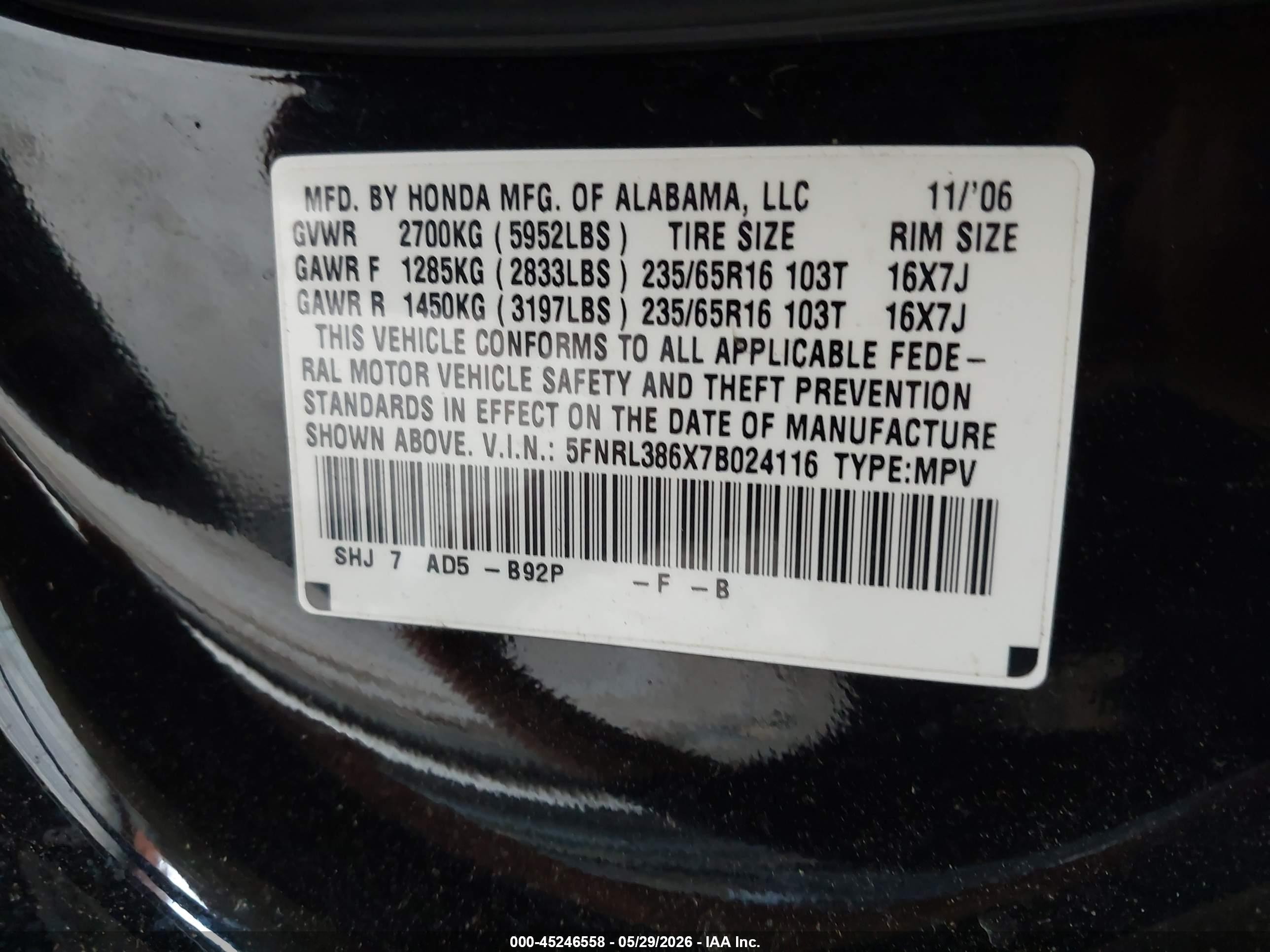 2007 Honda Odyssey Ex-l Black vin: 5FNRL386X7B024116