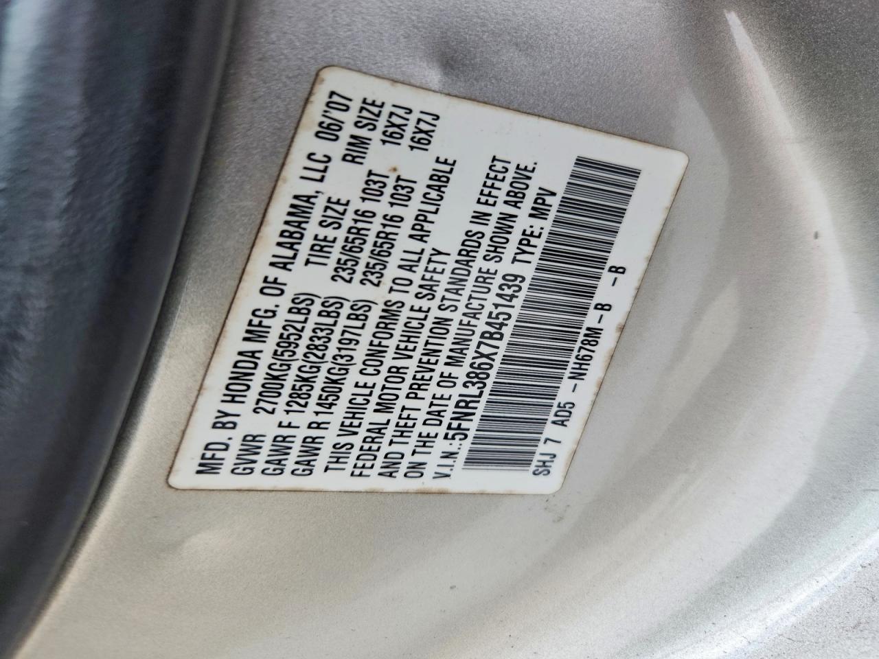 2007 Honda Odyssey Silver vin: 5FNRL386X7B451439