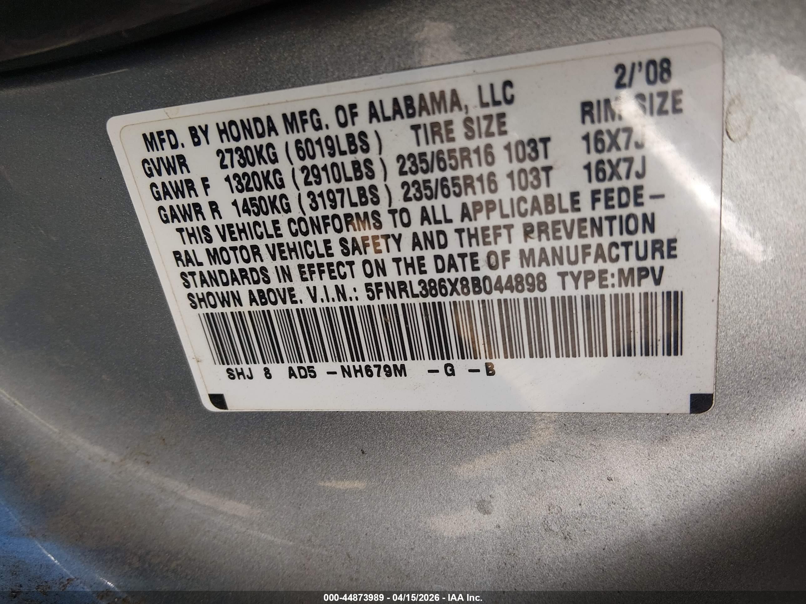 2008 Honda Odyssey Ex-l Gray vin: 5FNRL386X8B044898
