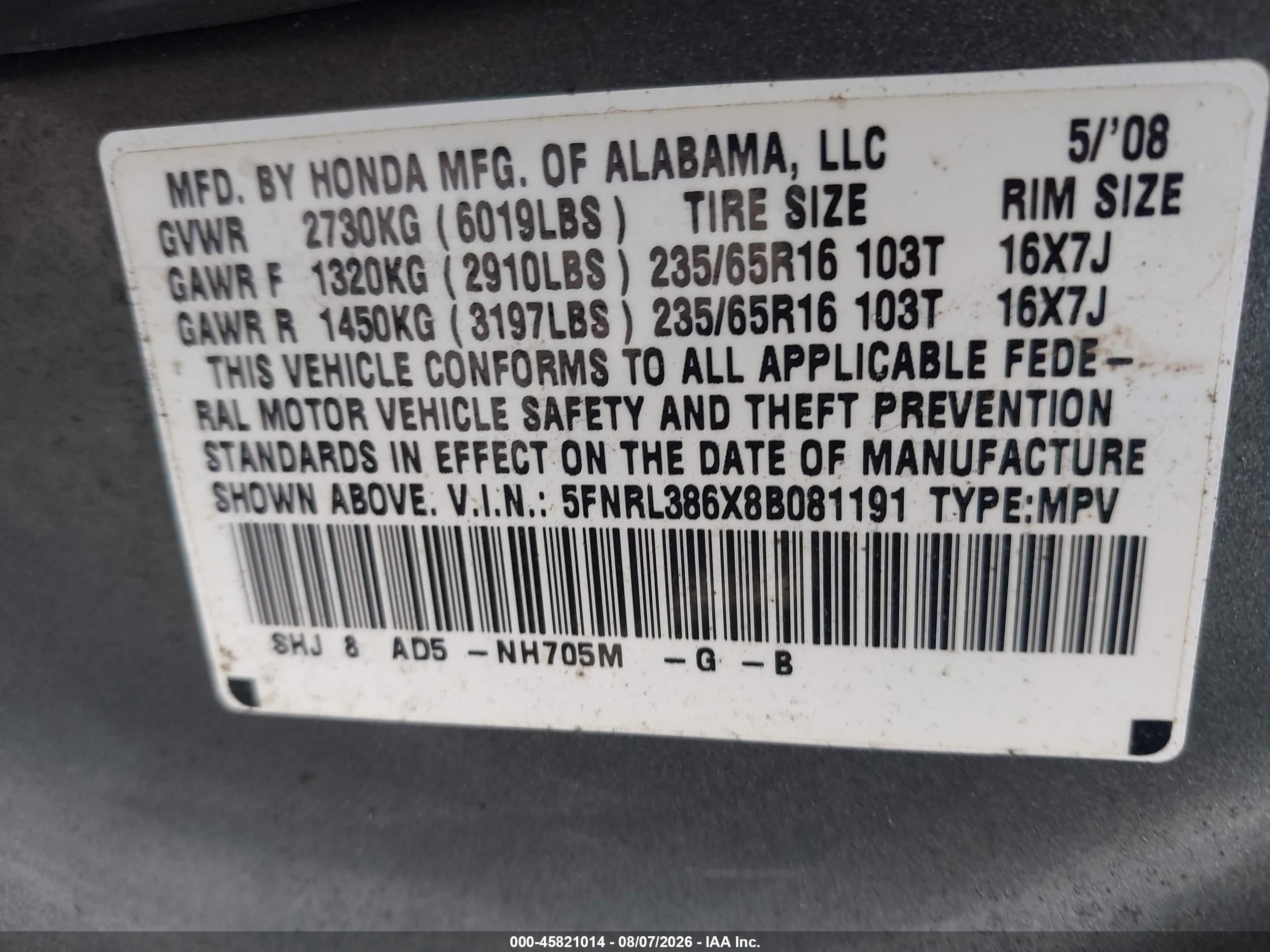 2008 Honda Odyssey Ex-l Gray vin: 5FNRL386X8B081191