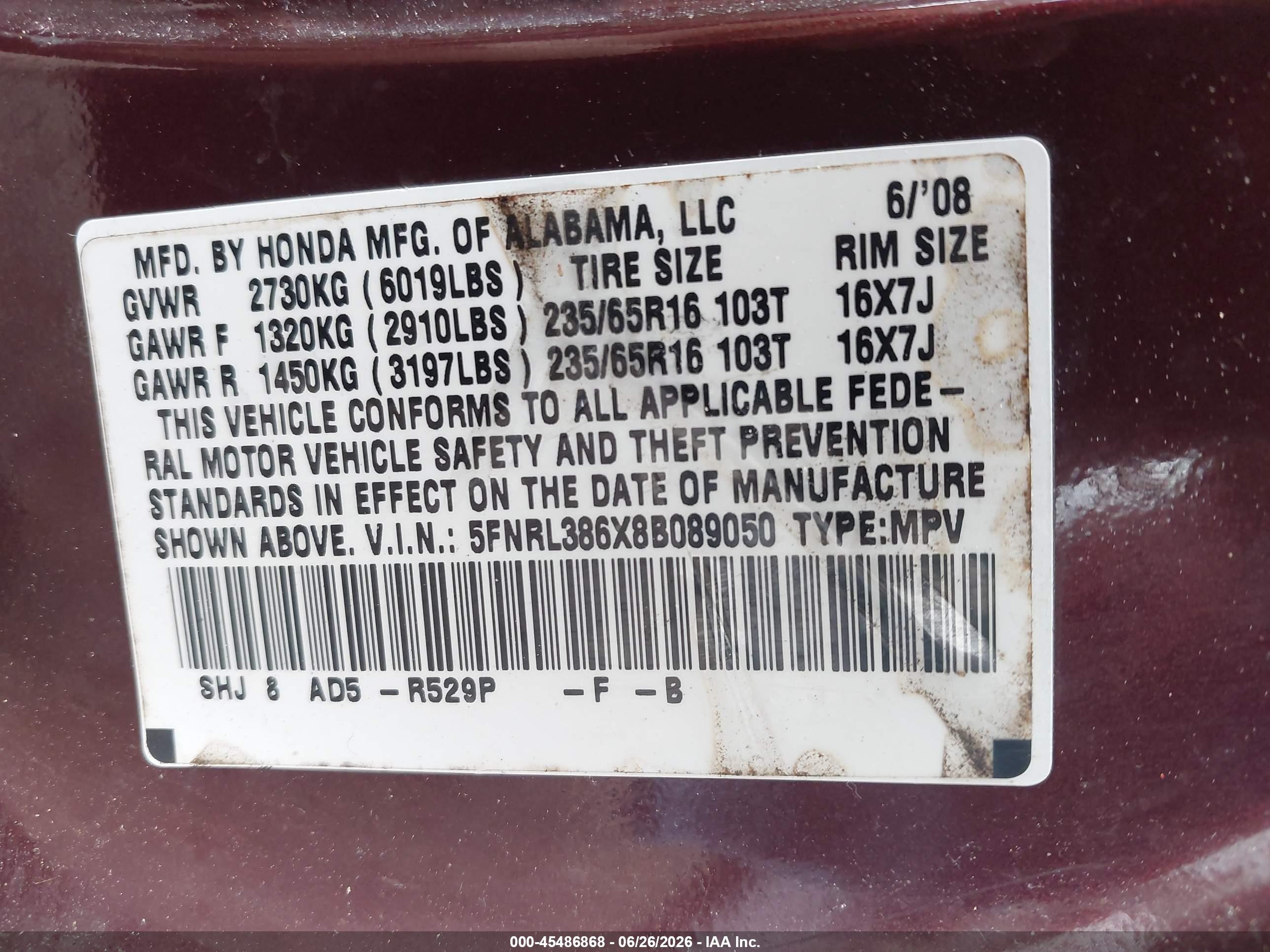 2008 Honda Odyssey Ex-l Maroon vin: 5FNRL386X8B089050