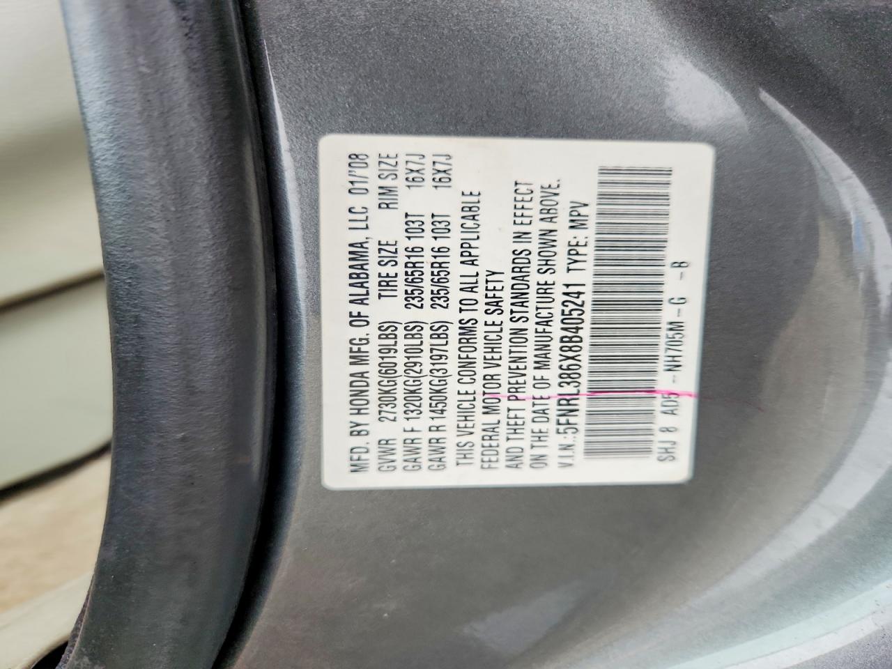 2008 Honda Odyssey Exl Gray vin: 5FNRL386X8B405241