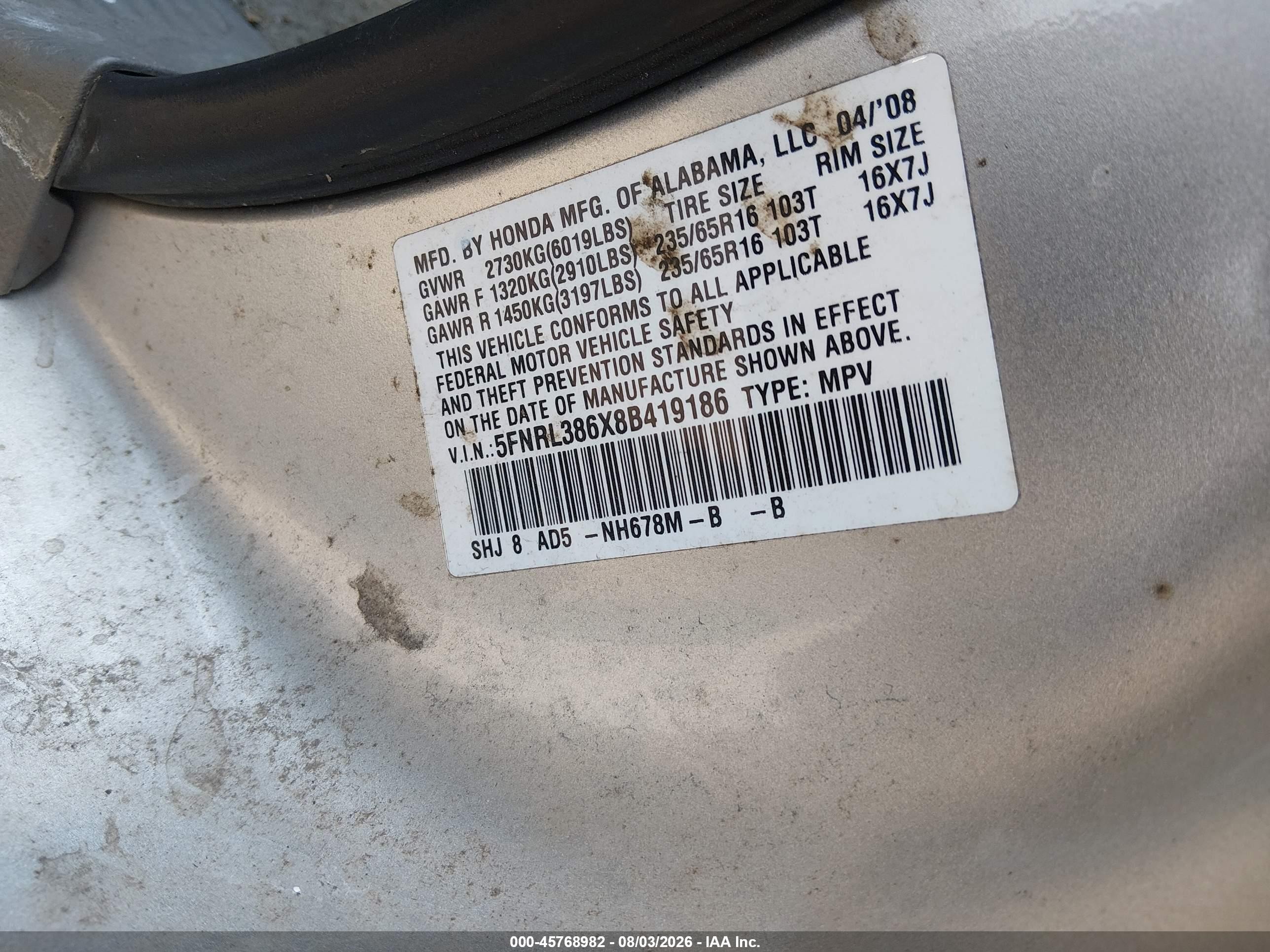2008 Honda Odyssey Ex-l Silver vin: 5FNRL386X8B419186