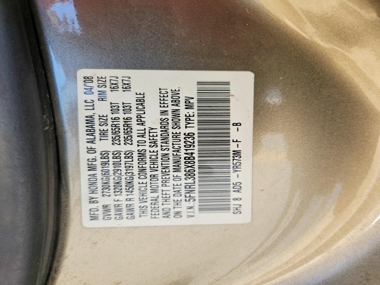 2008 Honda Odyssey Exl Gold vin: 5FNRL386X8B419236