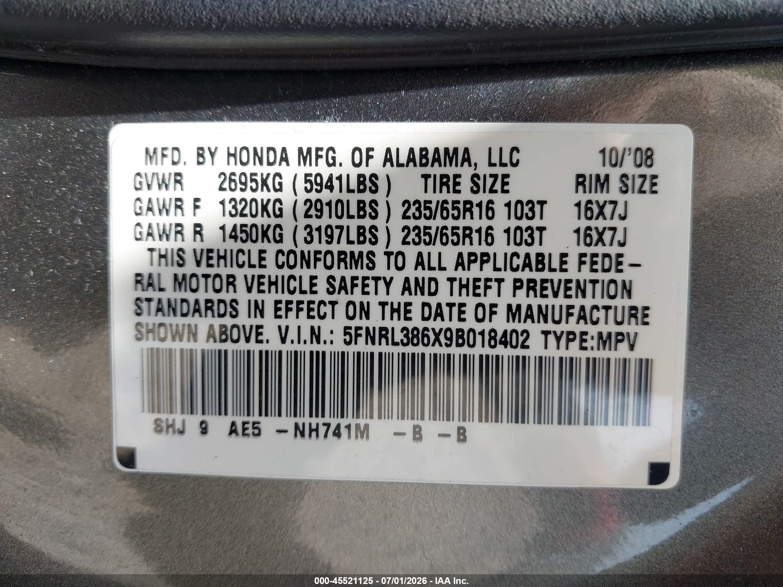 2009 Honda Odyssey Ex-l Gray vin: 5FNRL386X9B018402