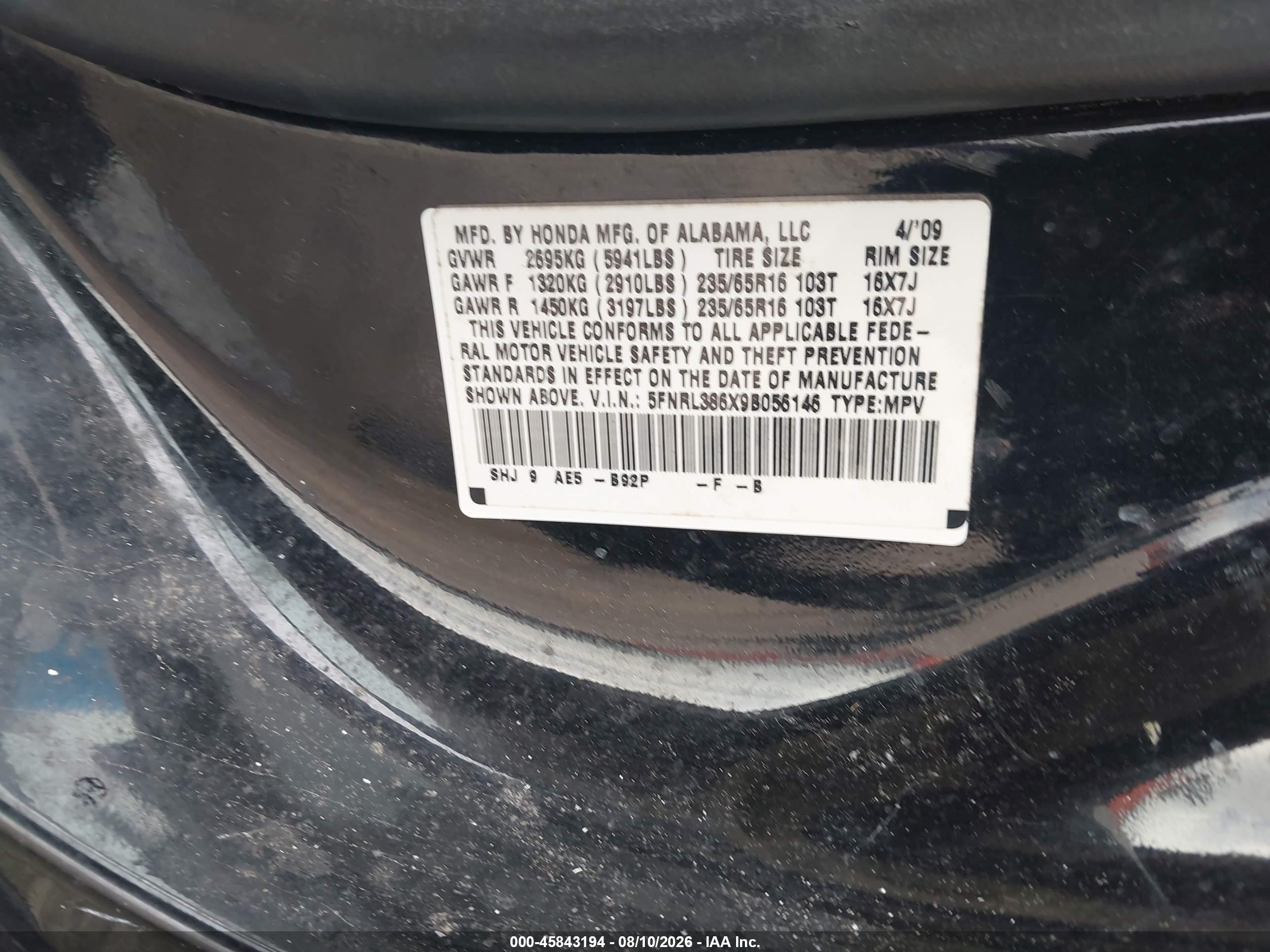2009 Honda Odyssey Ex-l Black vin: 5FNRL386X9B056146