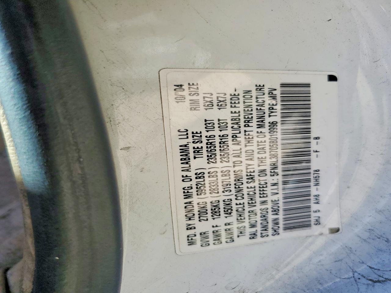2005 Honda Odyssey Exl White vin: 5FNRL38705B019996