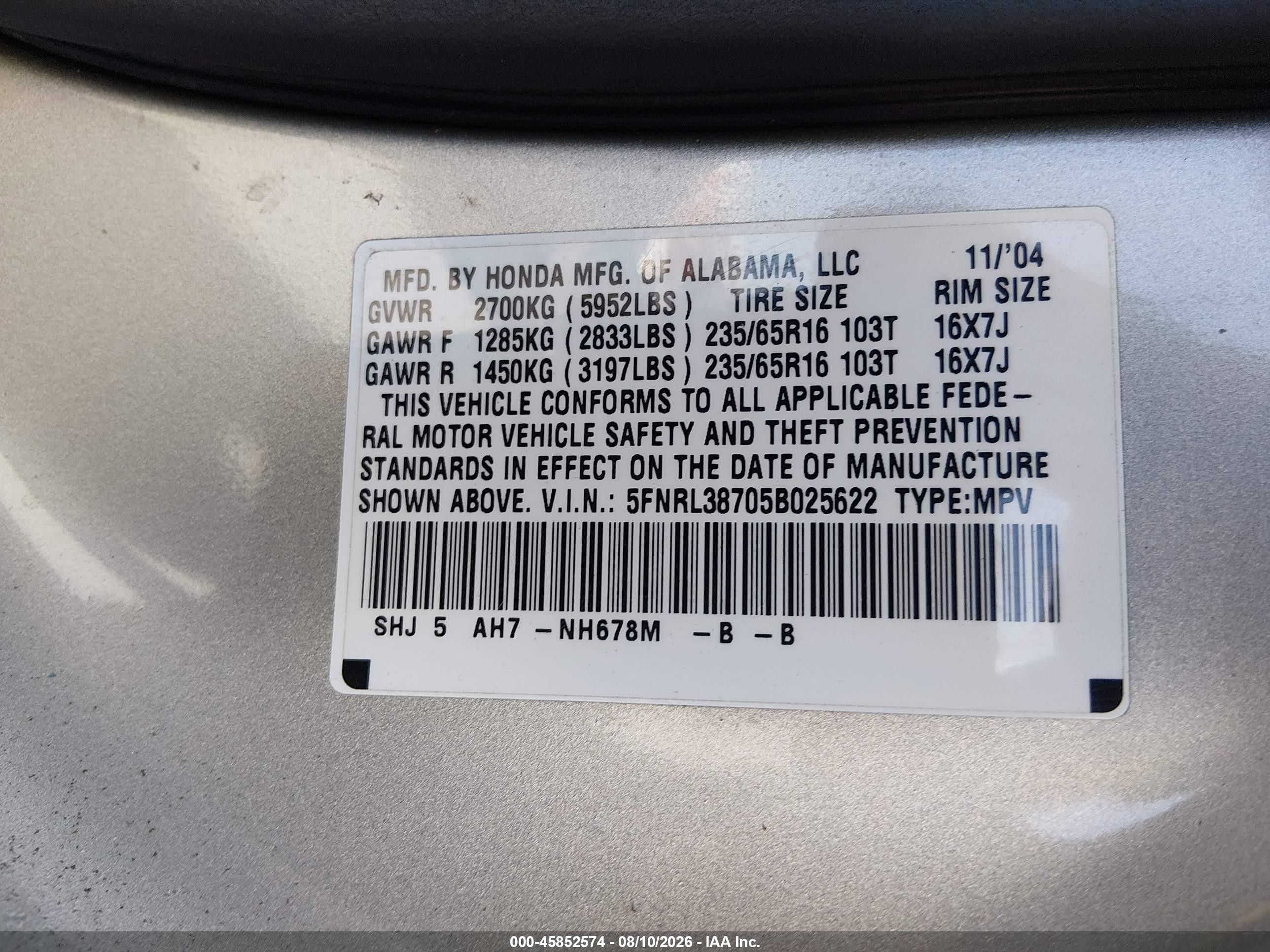2005 Honda Odyssey Ex-l Gray vin: 5FNRL38705B025622