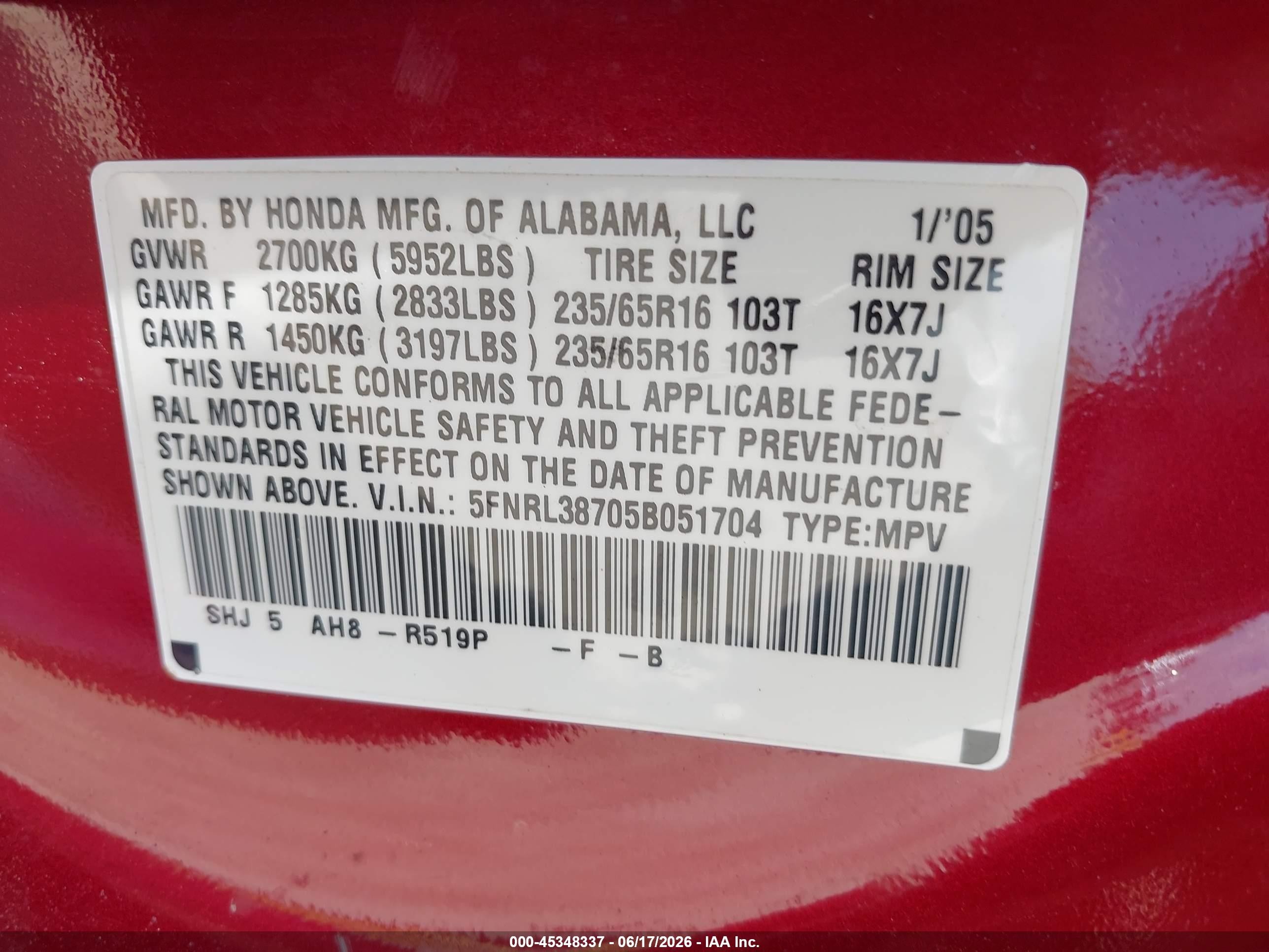 2005 Honda Odyssey Ex-l Red vin: 5FNRL38705B051704