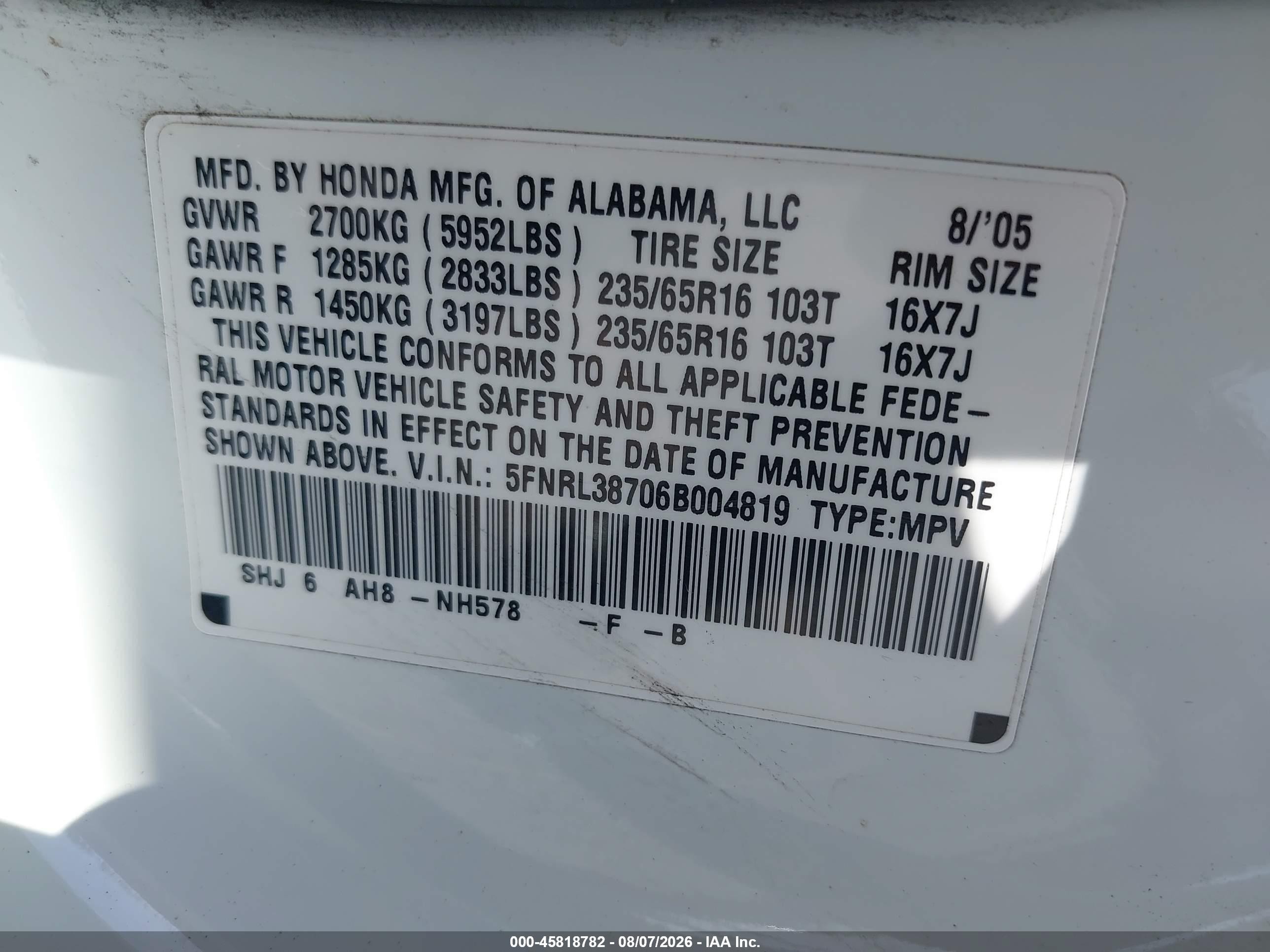2006 Honda Odyssey Ex-l White vin: 5FNRL38706B004819