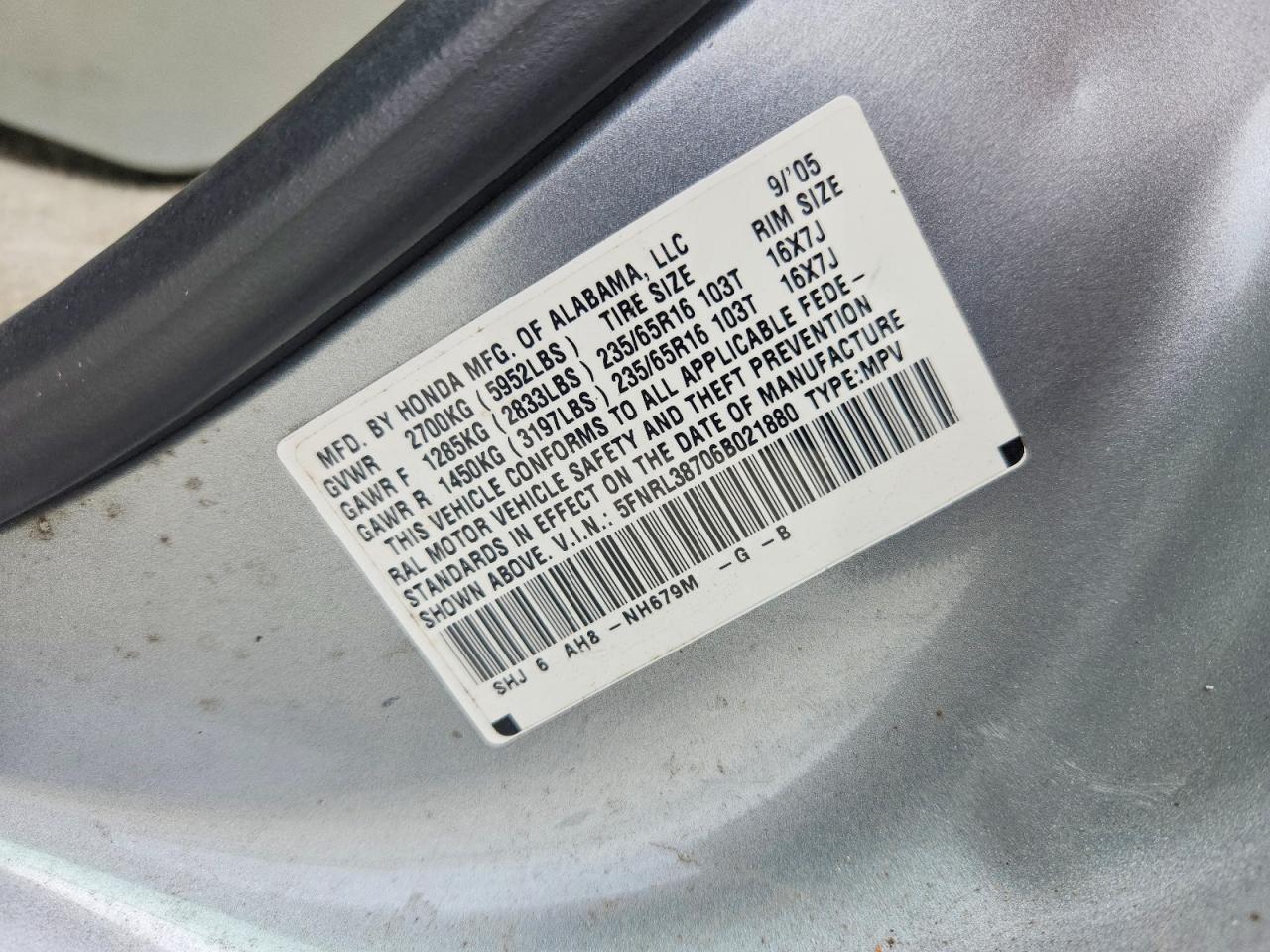 2006 Honda Odyssey Exl Silver vin: 5FNRL38706B021880