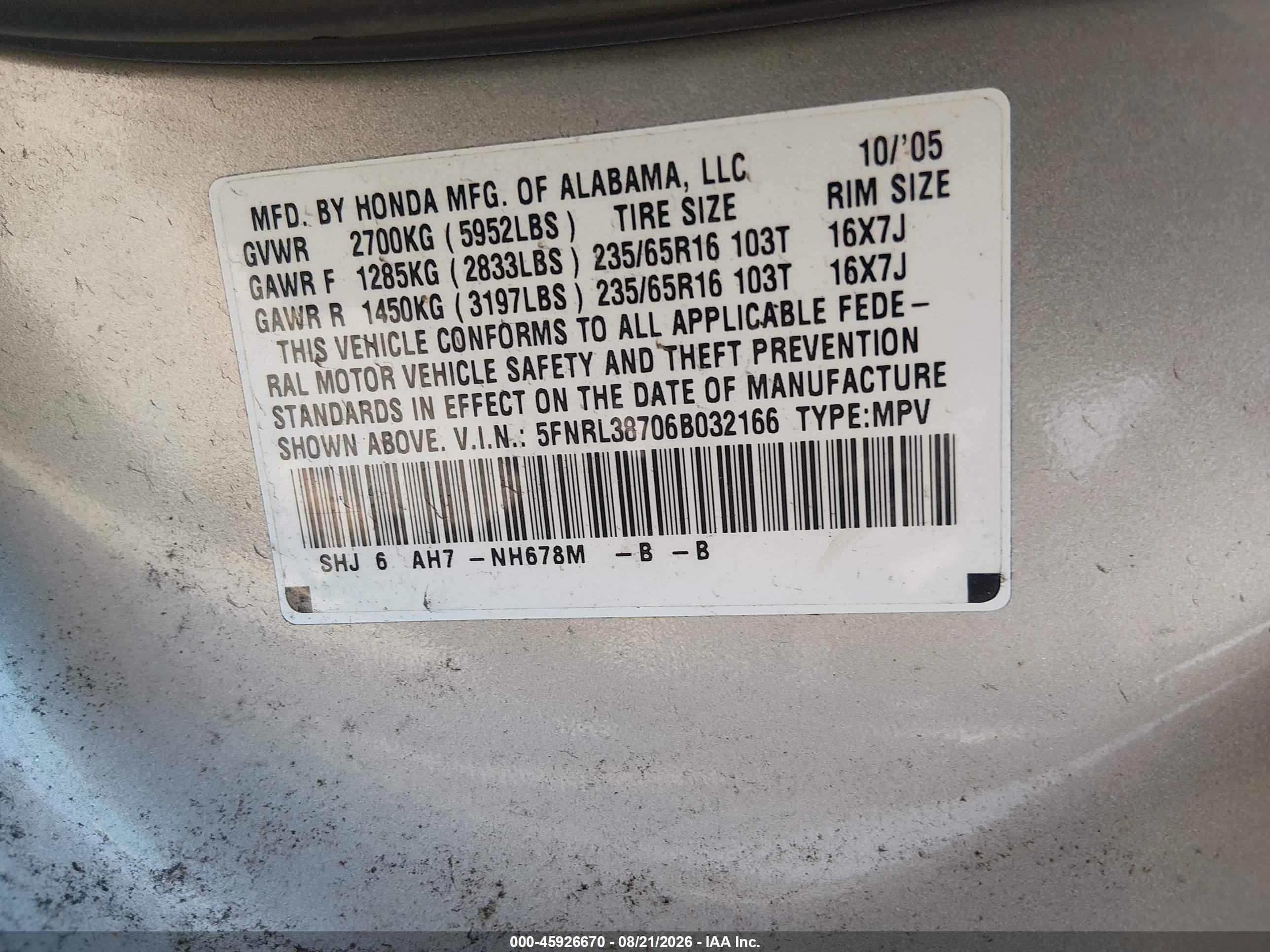 2006 Honda Odyssey Ex-l Silver vin: 5FNRL38706B032166