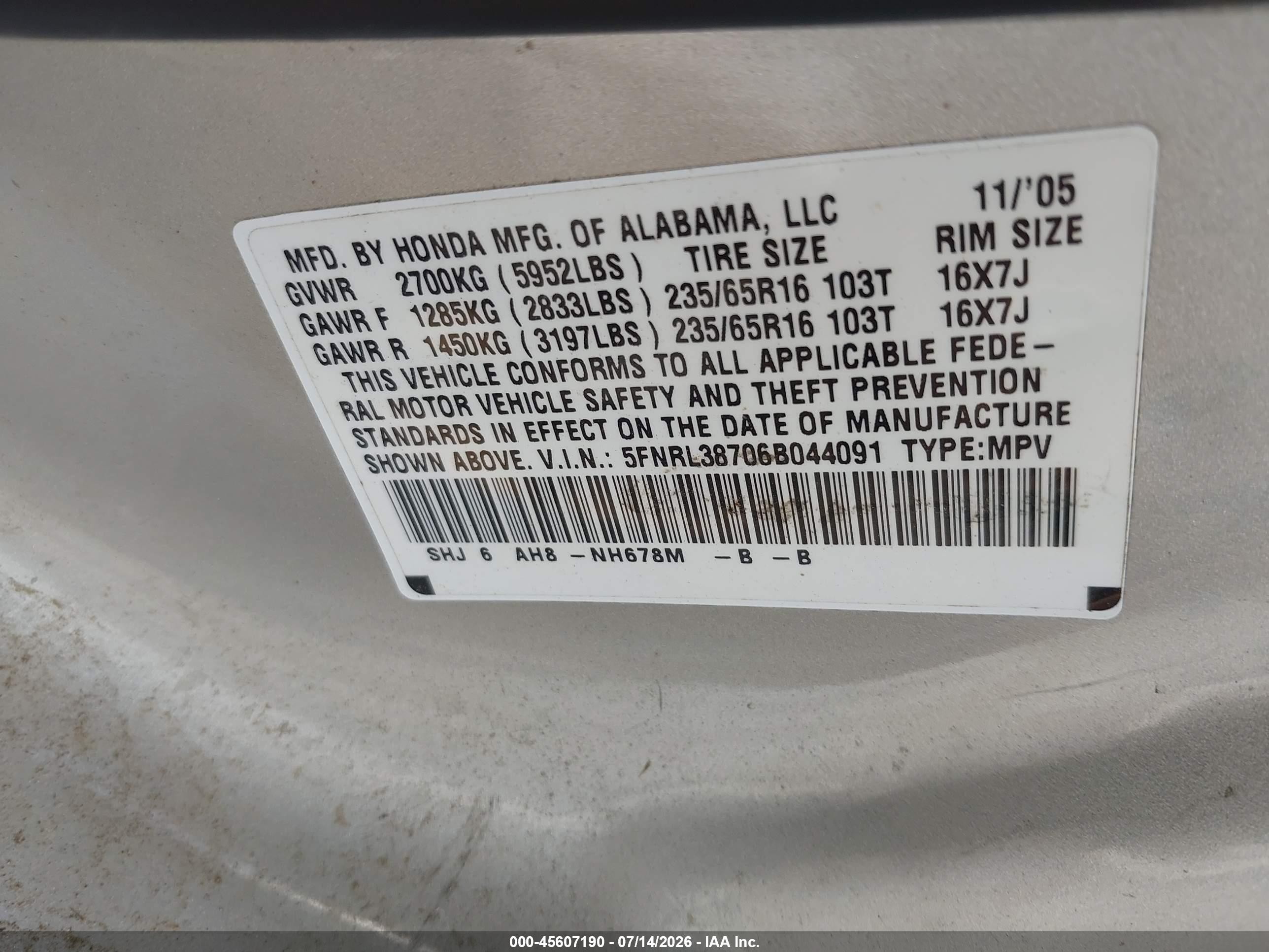 2006 Honda Odyssey Ex-l Gray vin: 5FNRL38706B044091