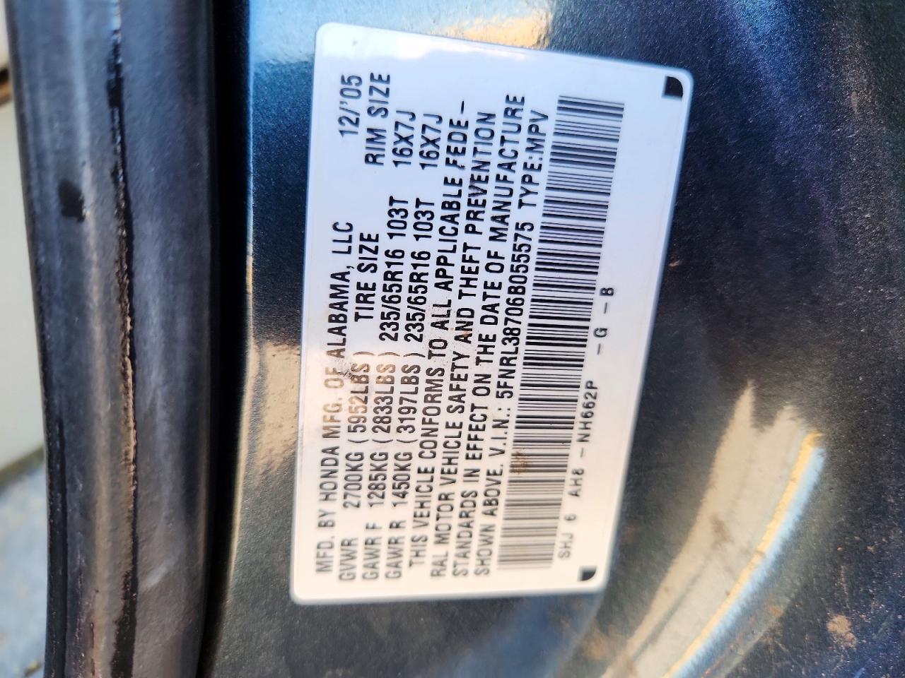 2006 Honda Odyssey Exl Blue vin: 5FNRL38706B055575