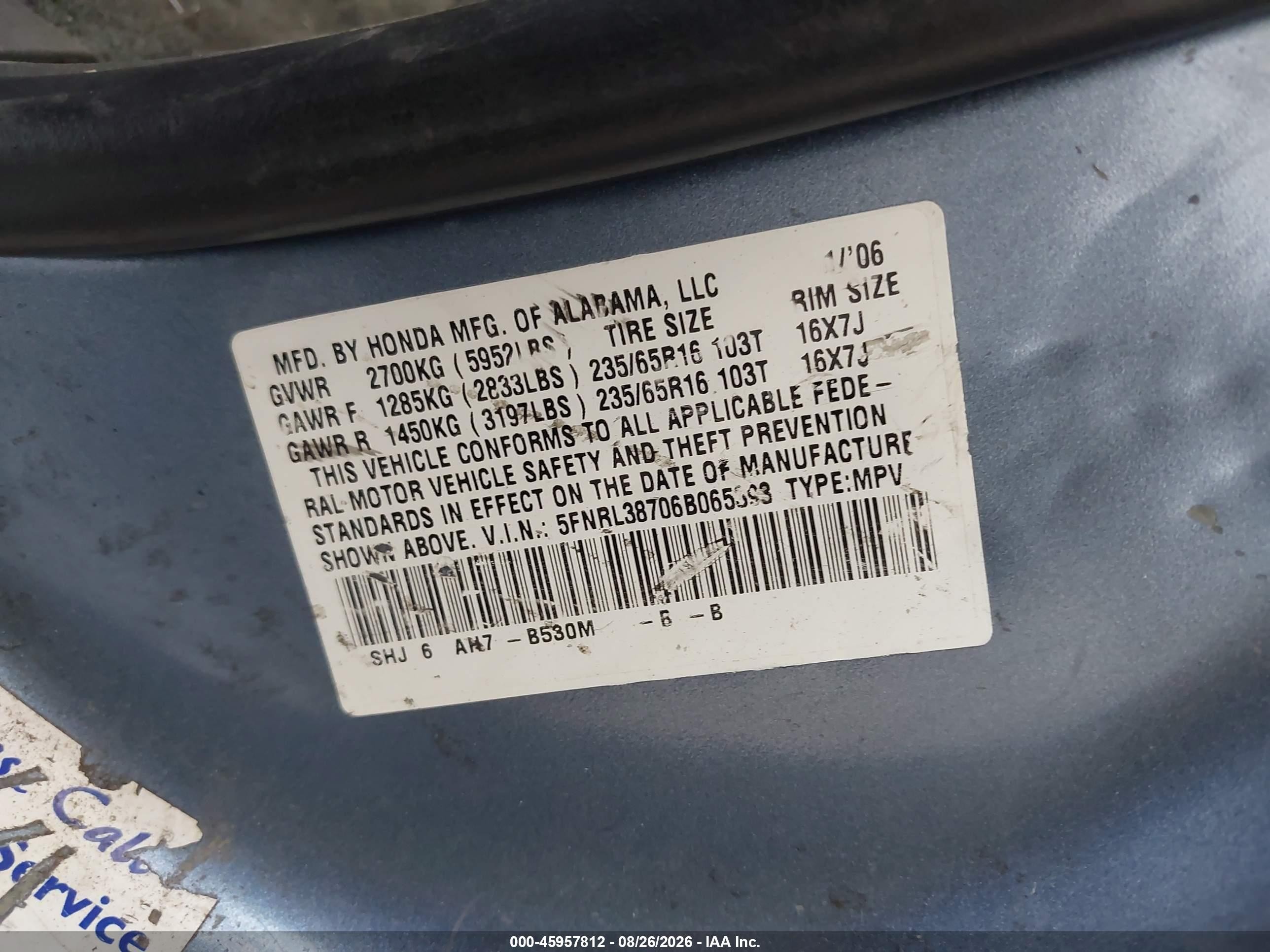 2006 Honda Odyssey Ex-l Blue vin: 5FNRL38706B065393