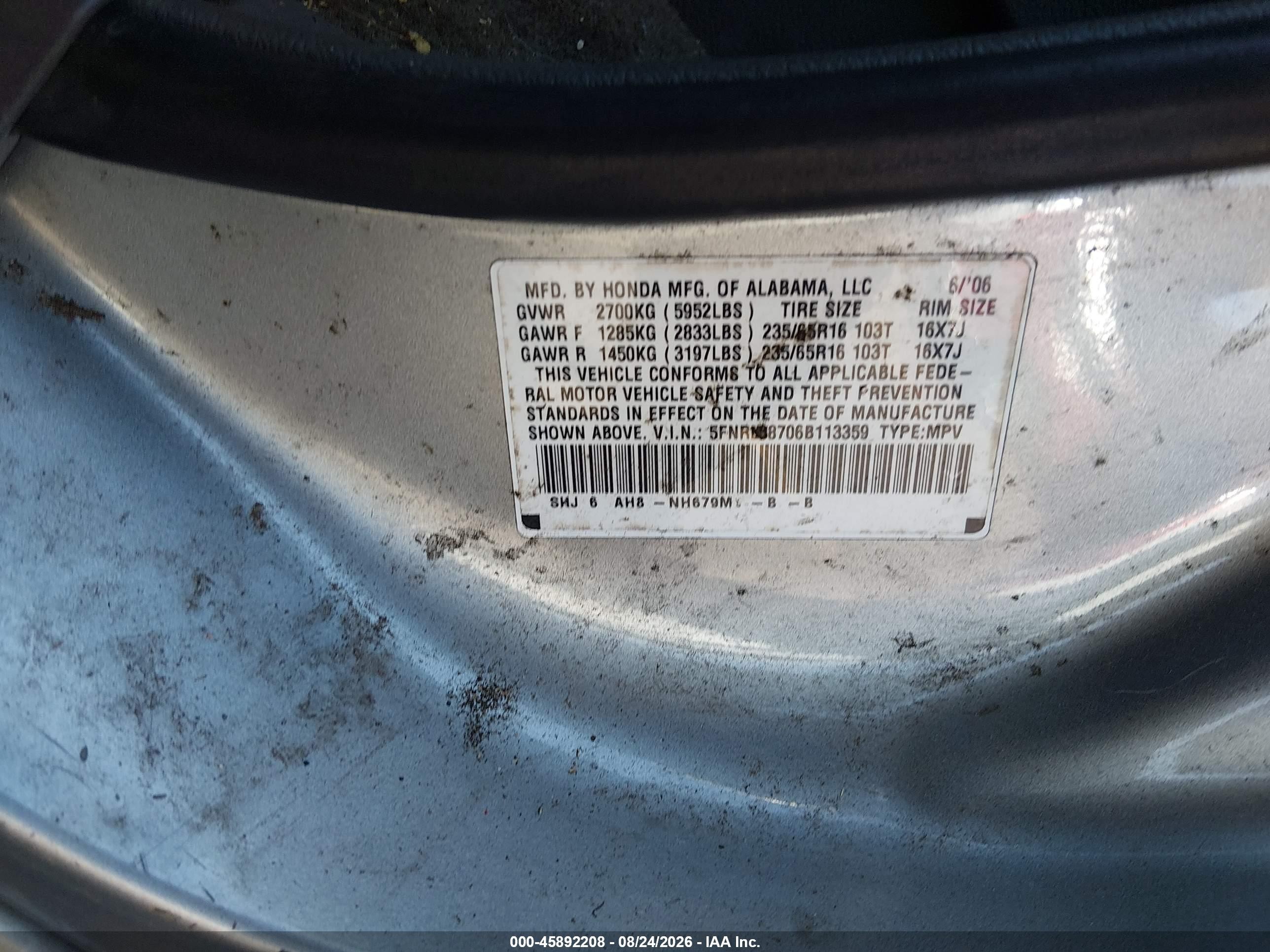 2006 Honda Odyssey Ex-l Silver vin: 5FNRL38706B113359