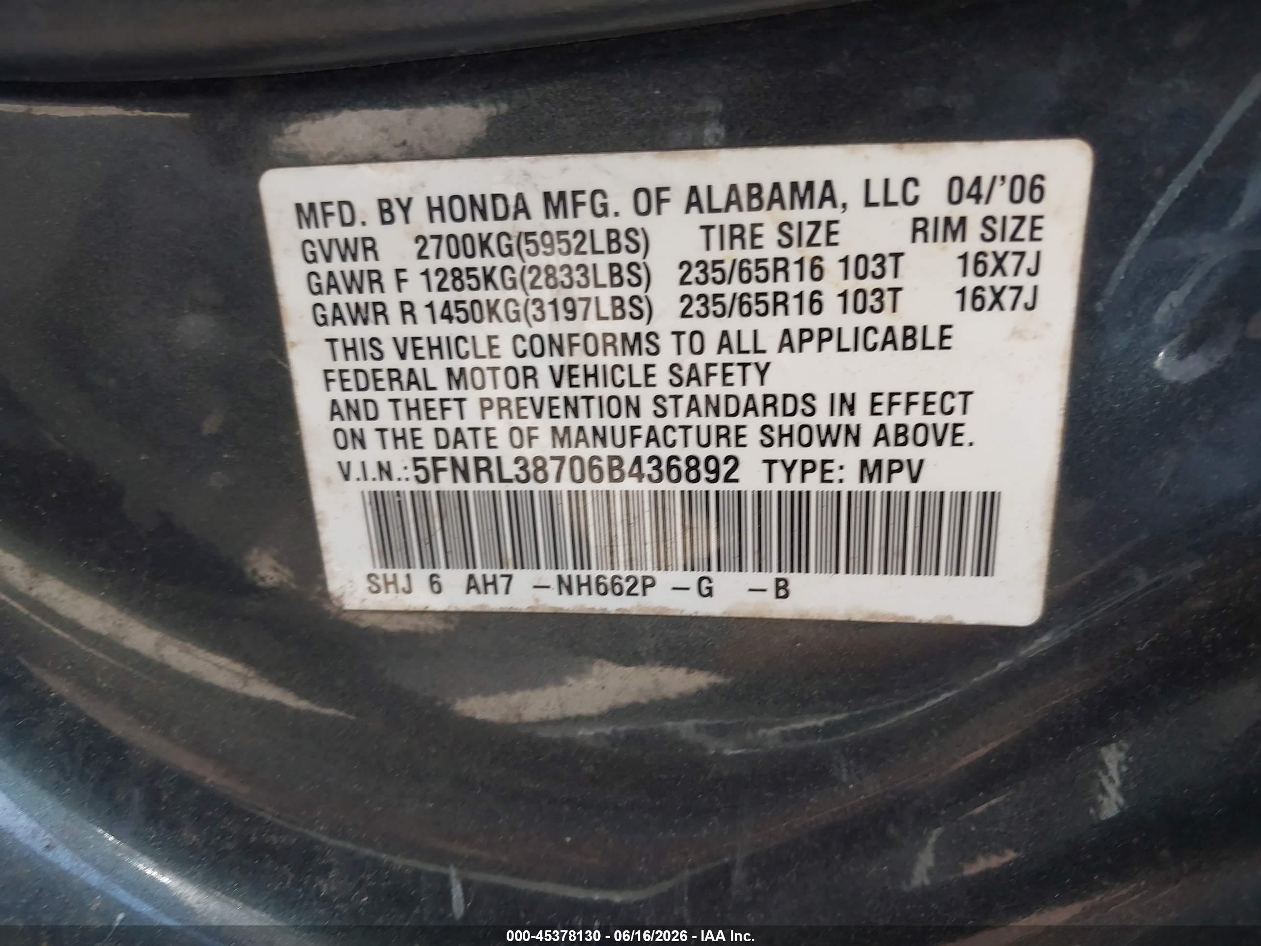 2006 Honda Odyssey Ex-l Gray vin: 5FNRL38706B436892