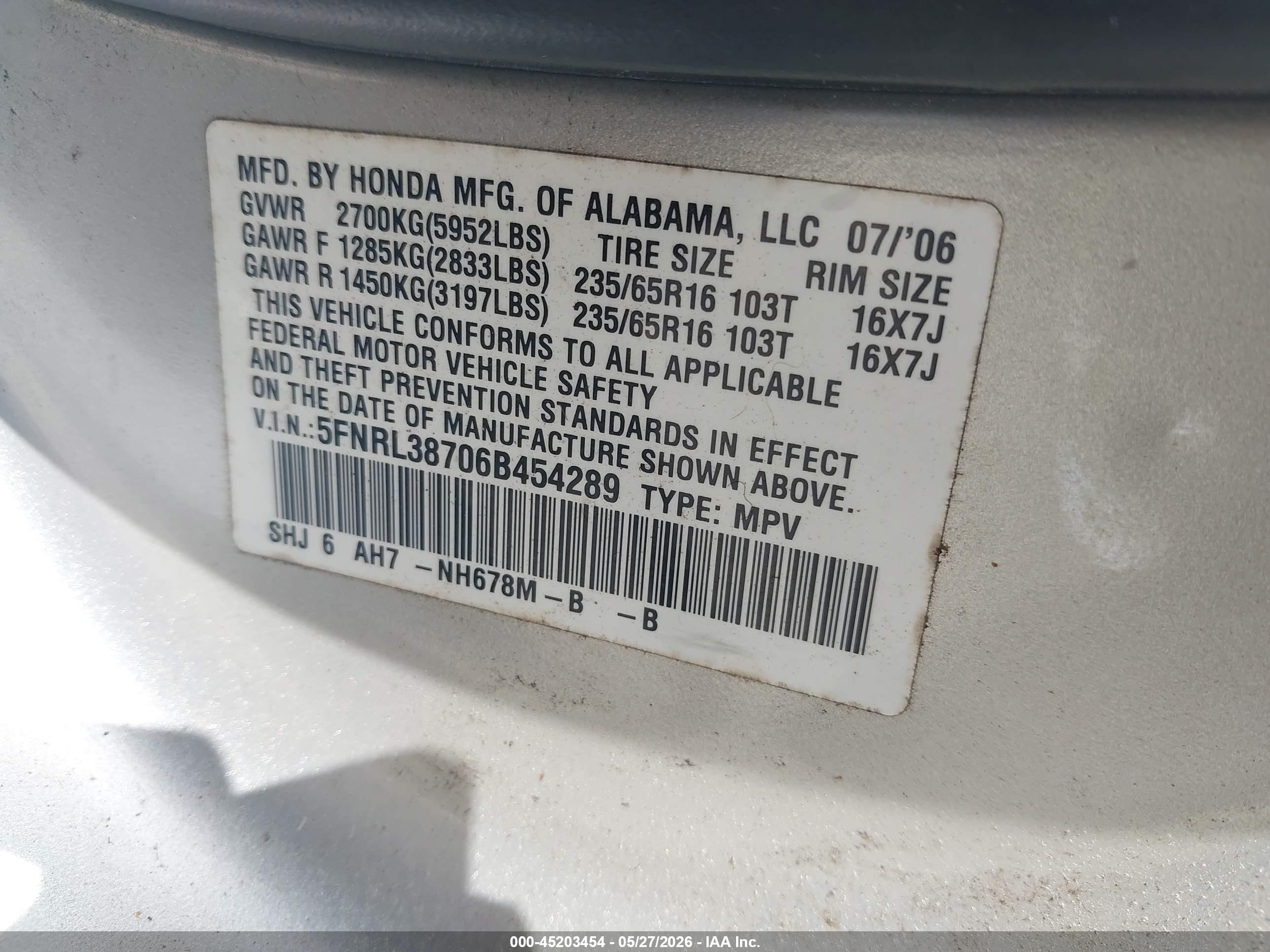 2006 Honda Odyssey Ex-l Gray vin: 5FNRL38706B454289