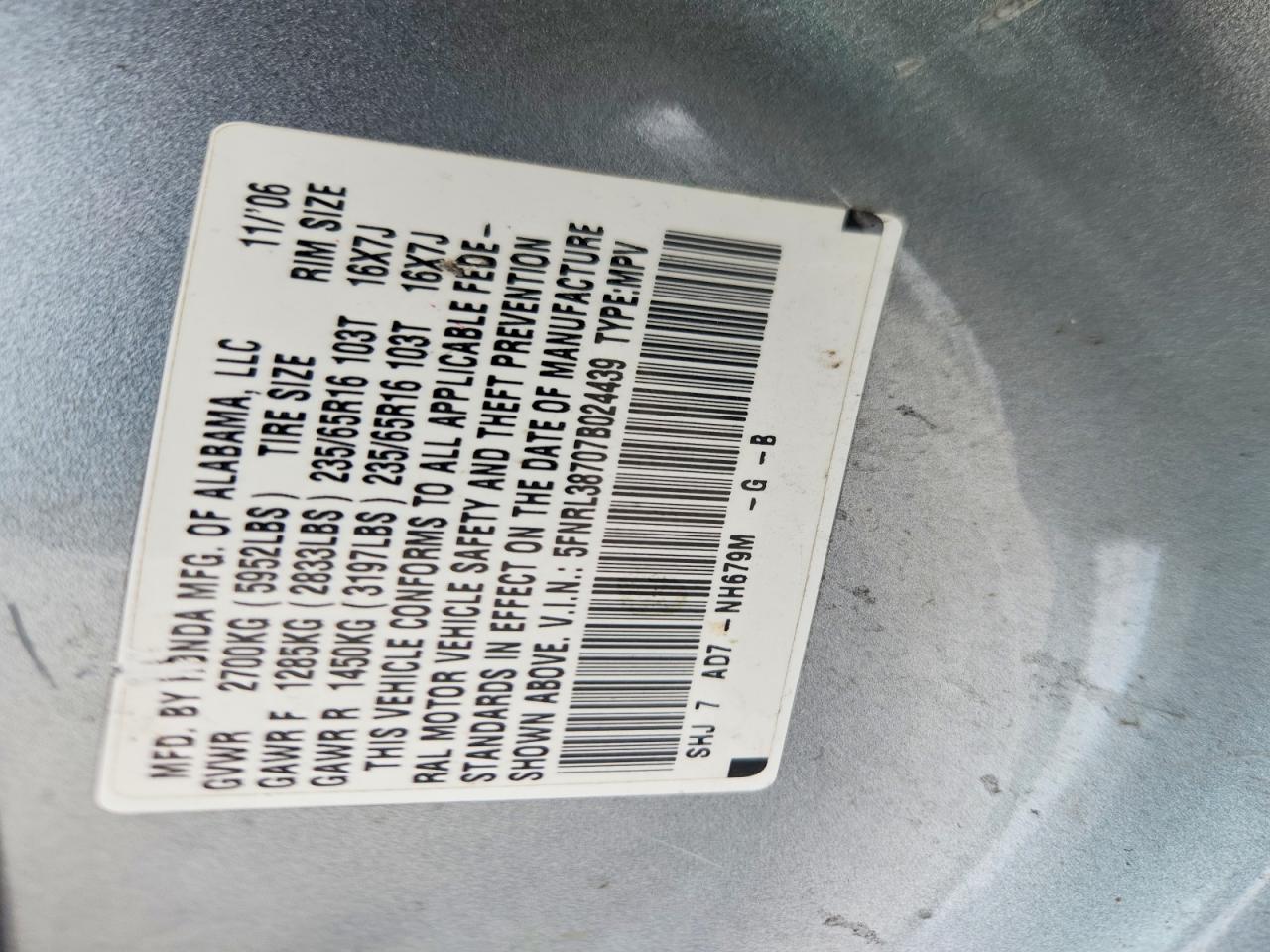 2007 Honda Odyssey Exl Teal vin: 5FNRL38707B024439