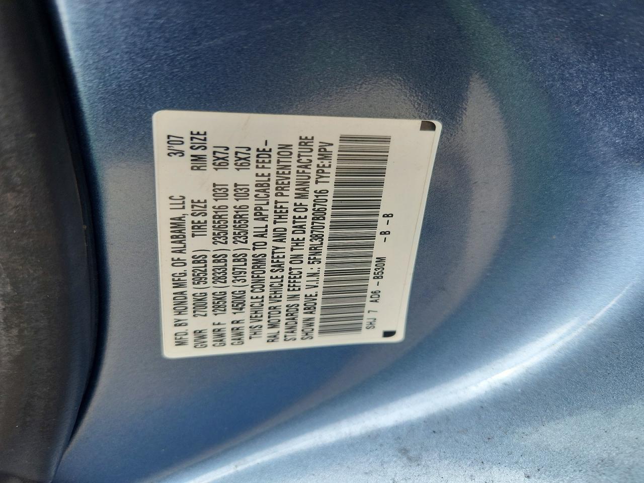 2007 Honda Odyssey Exl Blue vin: 5FNRL38707B067016