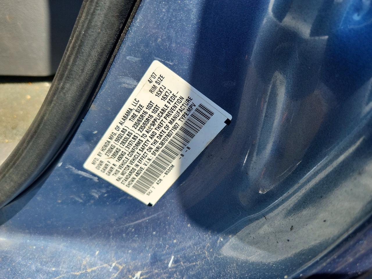 2007 Honda Odyssey Exl Blue vin: 5FNRL38707B071907