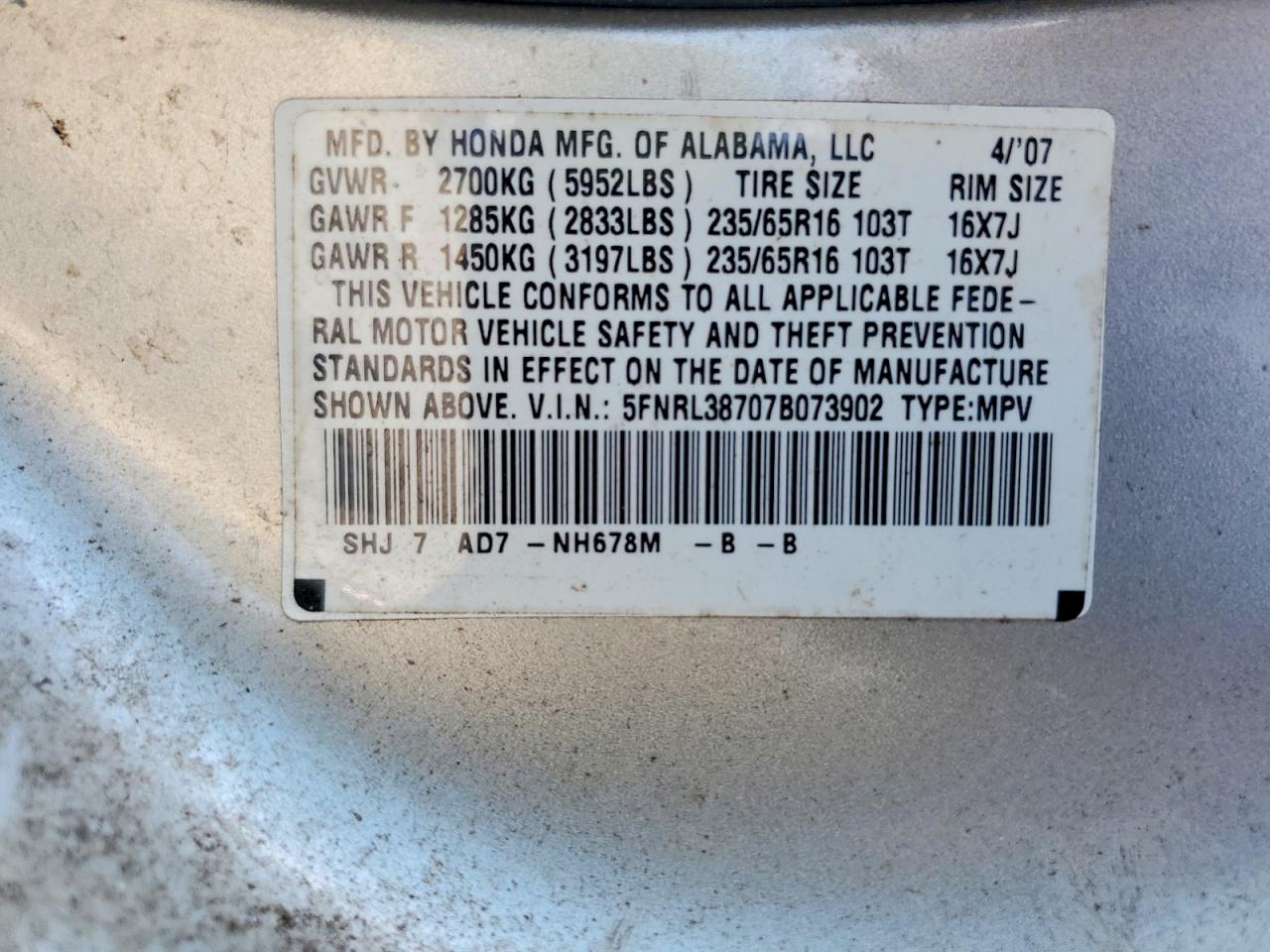 2007 Honda Odyssey Exl Silver vin: 5FNRL38707B073902