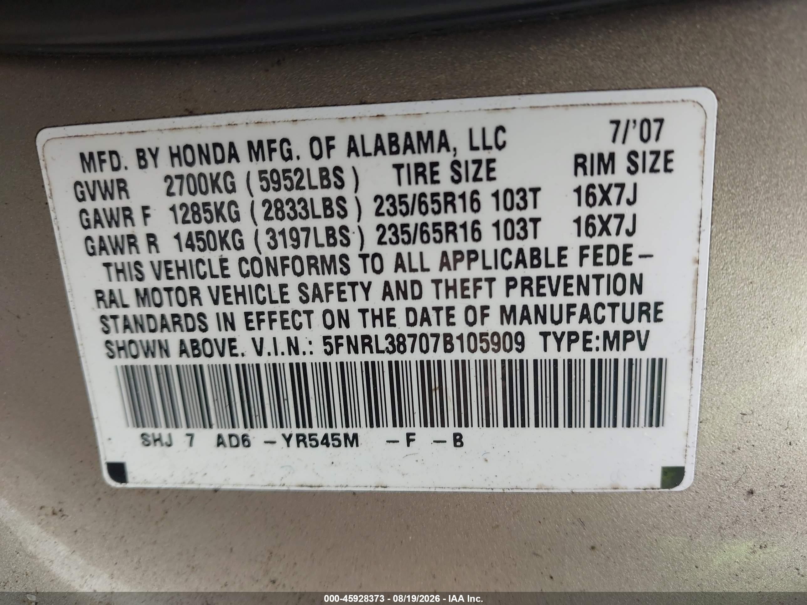 2007 Honda Odyssey Ex-l Gold vin: 5FNRL38707B105909