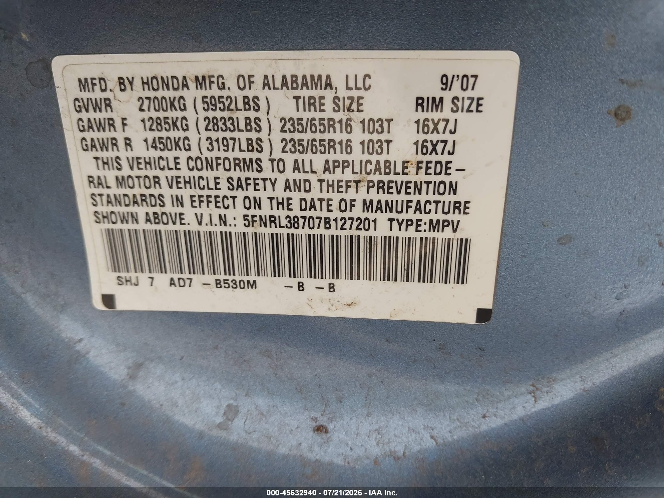 2007 Honda Odyssey Ex-l Blue vin: 5FNRL38707B127201