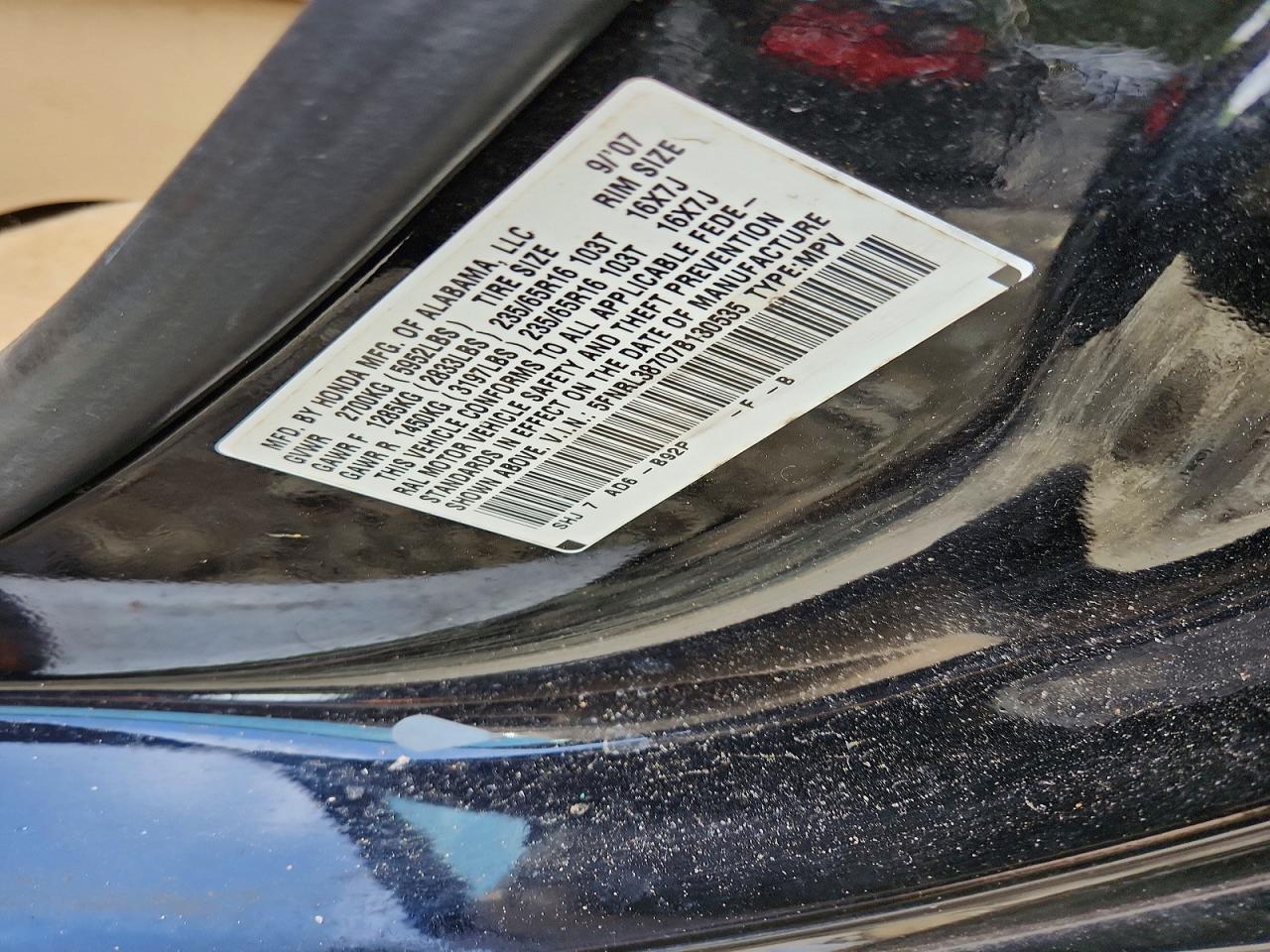 2007 Honda Odyssey Exl Black vin: 5FNRL38707B130535
