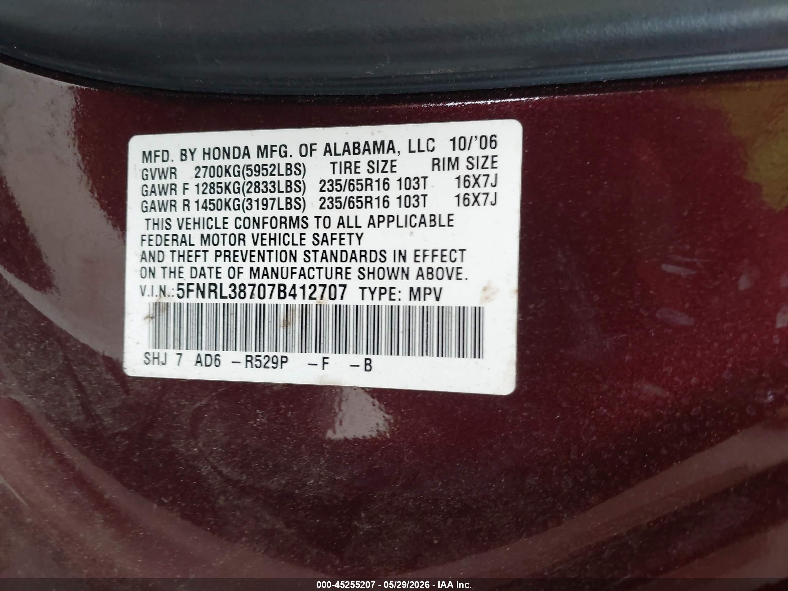 2007 Honda Odyssey Ex-l Maroon vin: 5FNRL38707B412707