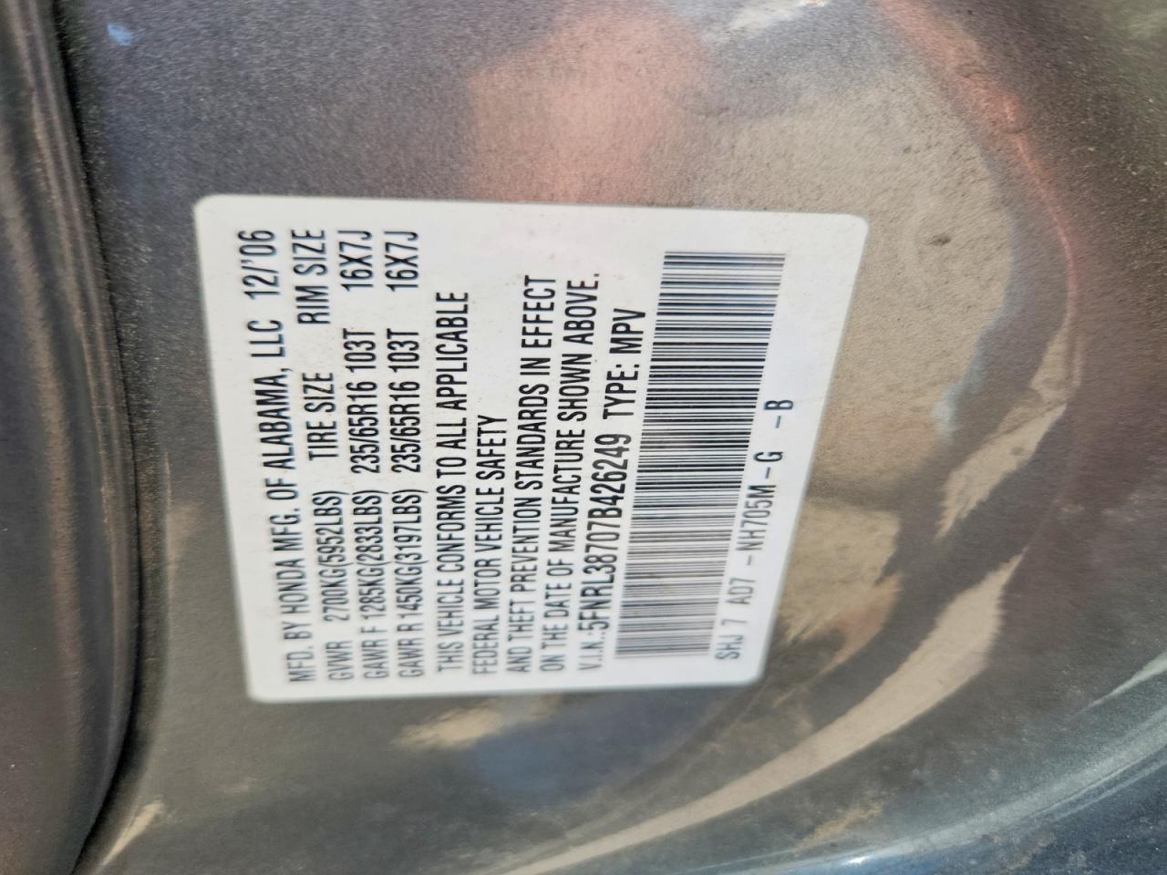 2007 Honda Odyssey Exl Gray vin: 5FNRL38707B426249