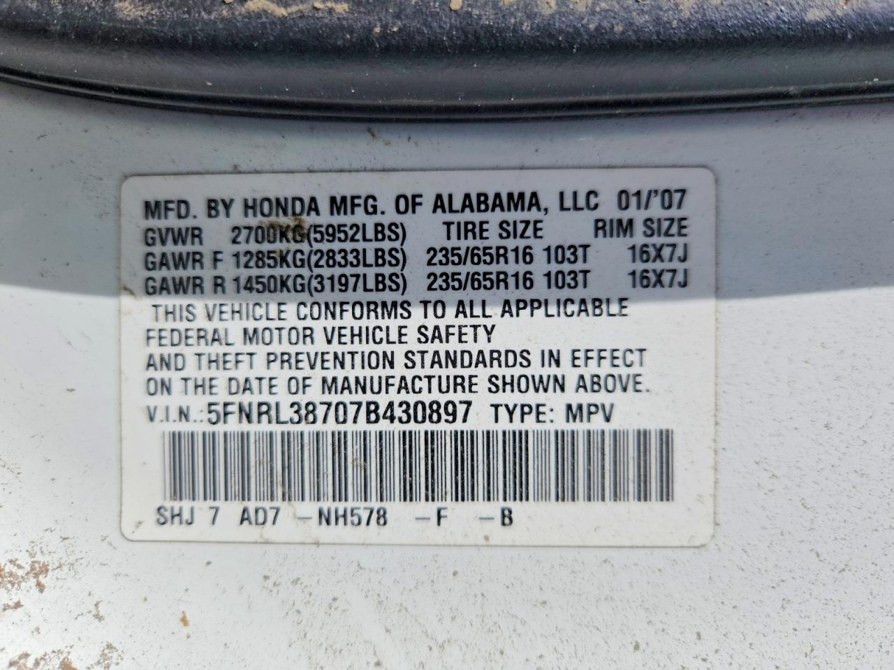 2007 Honda Odyssey Exl White vin: 5FNRL38707B430897