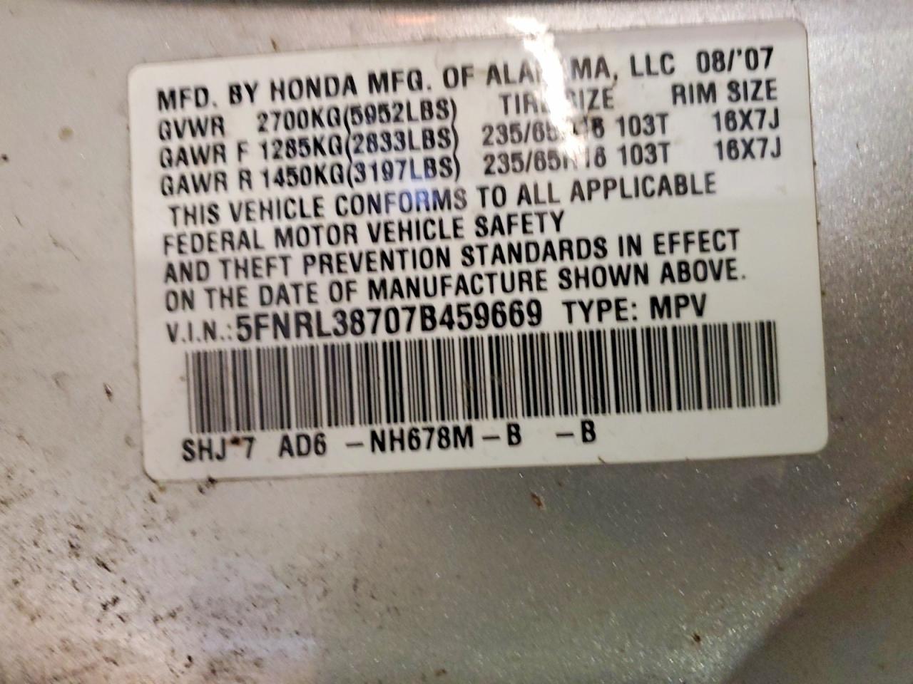 2007 Honda Odyssey Exl Silver vin: 5FNRL38707B459669